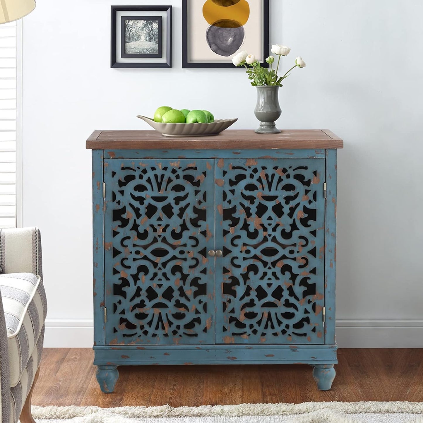 Sophia & William Sideboard and Buffet with Storage, 3-Door Hollow-Carved Accent Cabinet, Distressed Wood Storage Cabinet Cupboard for Kitchen, Dining Room, Living Room, Entryway, White
