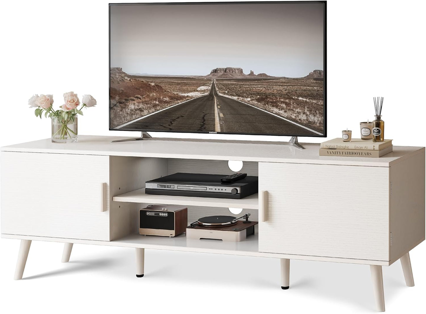 SUPERJARE TV Stand for 55 Inch TV, Entertainment Center with Adjustable Shelf, 2 Cabinets, TV Console Table, Media Console, Solid Wood Feet, Cord Holes, for Living Room, Bedroom, Rustic Brown