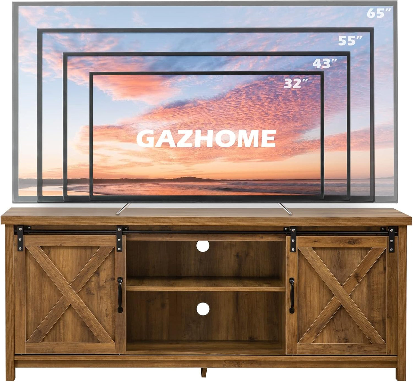 GAZHOME Modern Farmhouse TV Stand with Sliding Barn Doors, Media Entertainment Center Console Table for TVs up to 65”,2-Tier Large Storage Cabinets,Rustic TV Stand for Living Room Bedroom,Brown