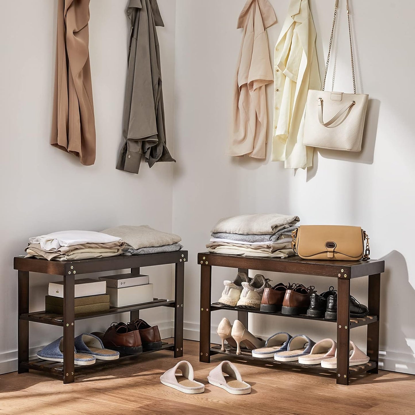 Pipishell Bamboo Shoe Rack Bench, 3 Tier Sturdy Shoe Bench, Storage Shoe Organizer, Holds up to 300lbs for Entryway Bedroom Living Room Balcony, Brown