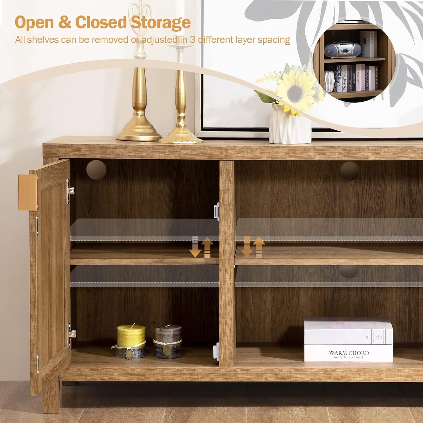 SICOTAS TV Stand for Living Room : Rattan TV Console Cabinet with Storage and Shelf, Boho Entertainment Center, 59" Media Console for 55, 65 Inch TV, 26" Tall Television Stands, Oak
