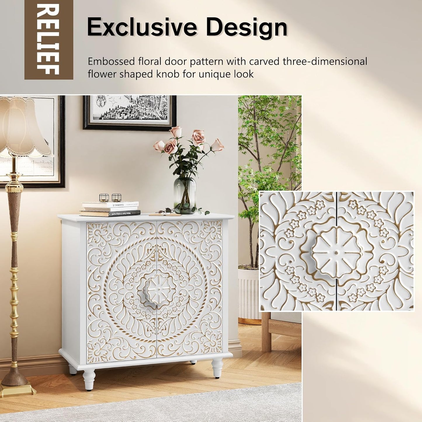 ARTPOWER Accent Cabinet with 2 Doors, Decorative Storage Cabinet with Carved Flower Pattern, White Sideboard Buffet with Storage, Wood Credenza for Entryway, Living Room, Kitchen, Dining Room