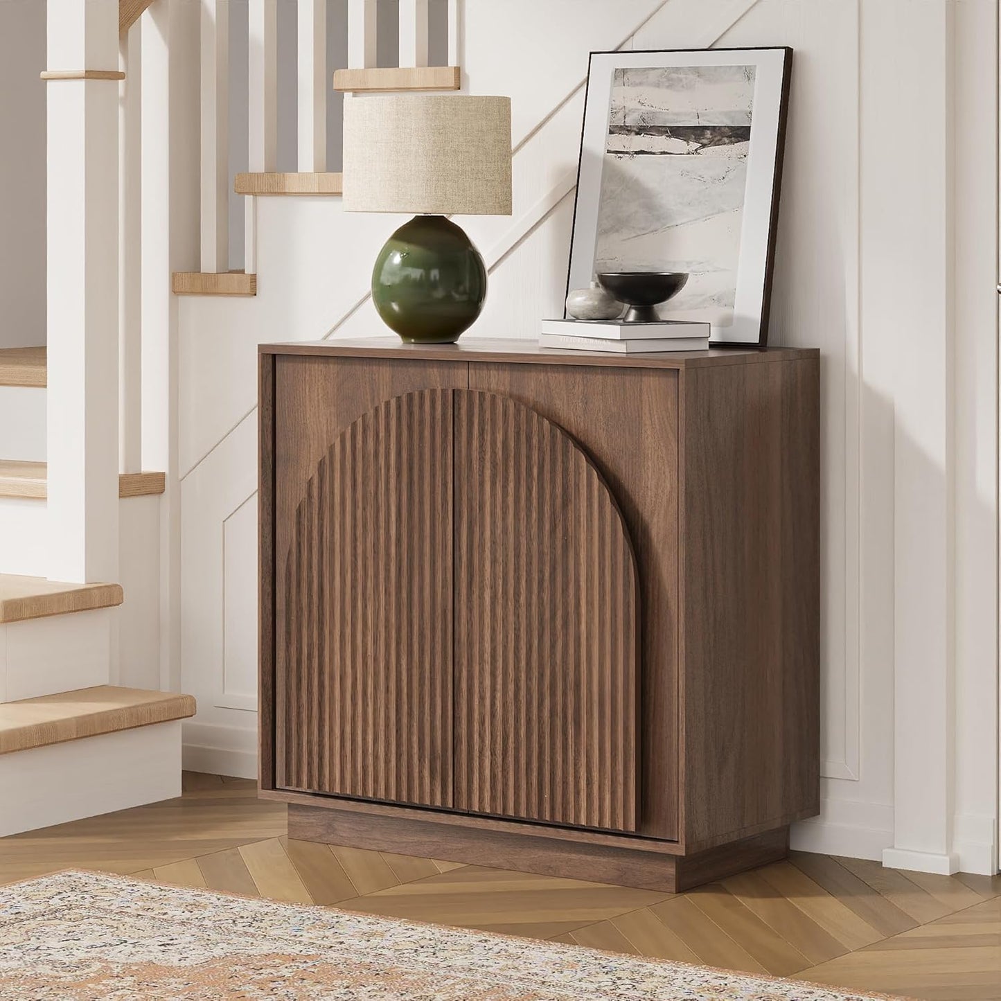 WIN2WIN Fluted Sideboard Buffet Cabinet with Storage, 31.5" Mid Century Modern Accent Cabinet with Double-Layered Arch Door, Small Wood Console Credenza for Dining Living Room Entryway Hallway, Walnut