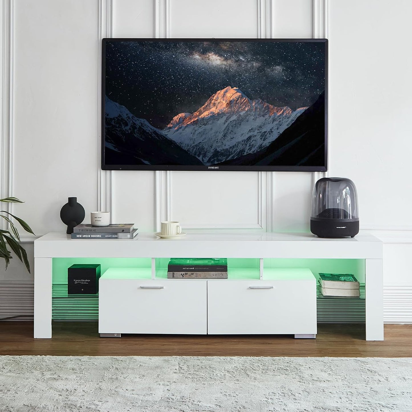 Nrizc LED TV Stand 60-75 inch, Modern Entertainment Center for Living Room, White TV Console with 2 Drawers, Wooden TV Cabinet with Stroage