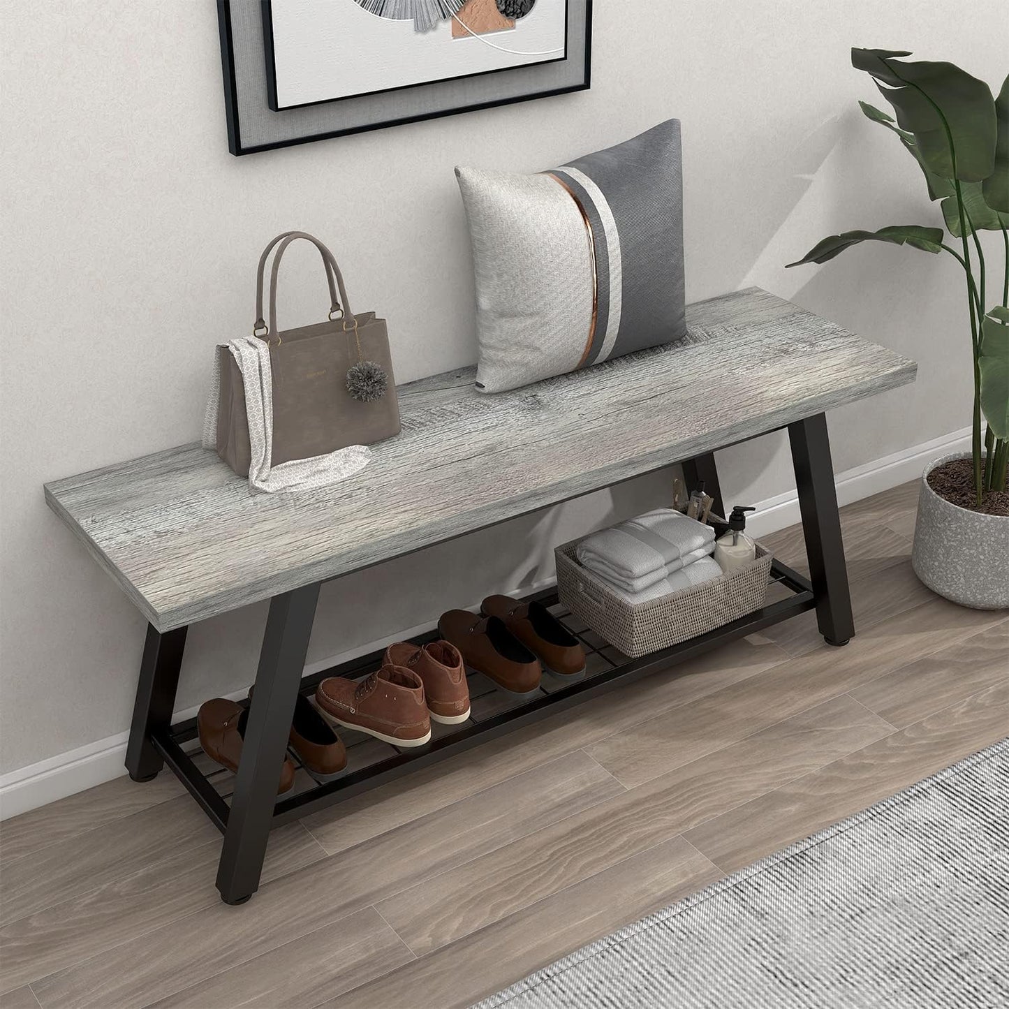 Storage Bench Industrial Rustic Wooden and Metal Entryway Shoe Boots Storage Rack Long Bench Seat for Hallway Bedroom Retro Brown Farmhouse Style
