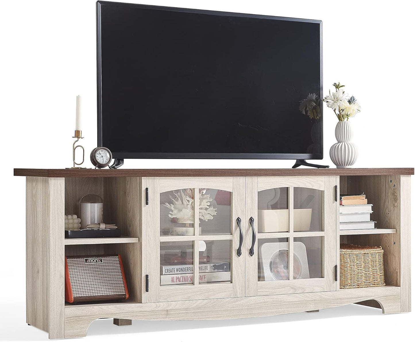 LINSY HOME Farmhouse TV Stand for 65 Inch TV, Wood Entertainment Center with Glass Door Storage Cabinet & Adjustable Shelves, Large Sturdy Console Table for Living Room & Bedroom