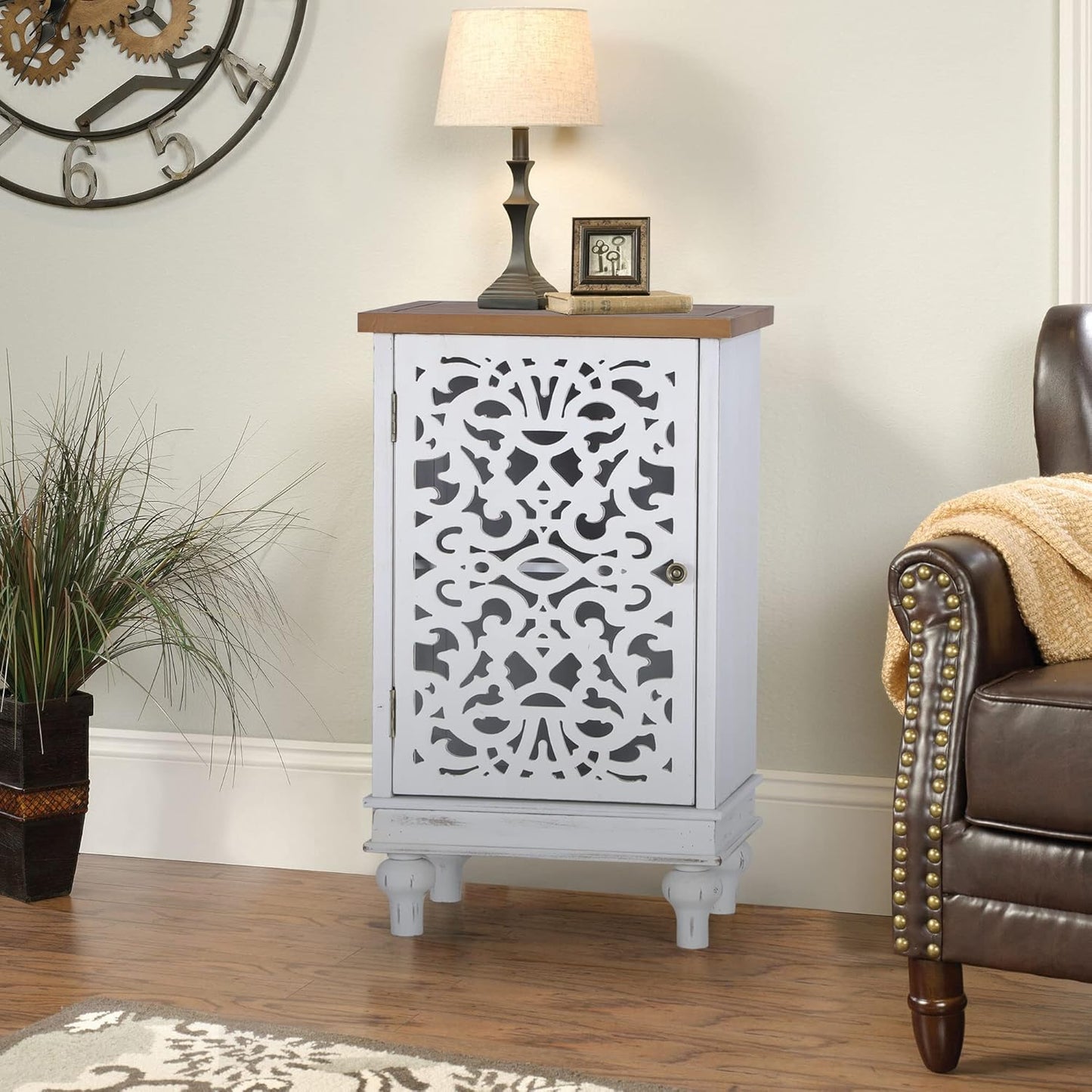 Sophia & William Sideboard and Buffet with Storage, 3-Door Hollow-Carved Accent Cabinet, Distressed Wood Storage Cabinet Cupboard for Kitchen, Dining Room, Living Room, Entryway, White