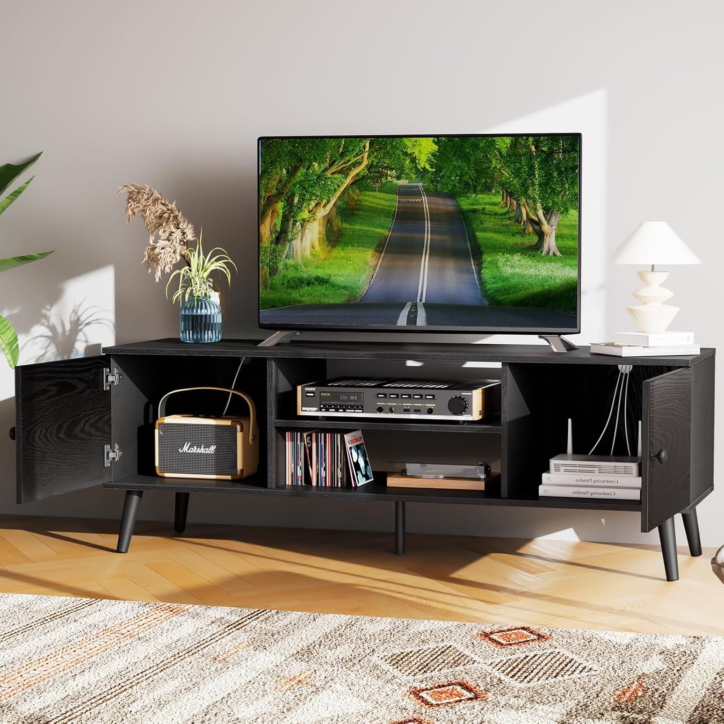 Sweetcrispy TV Stand for 55 60 inch TV, Modern Mid Century Entertainment Center with Storage, Media Console Table 2 Cabinet, Soft Hinge, Handle Door, Wooden Living Room, Office Furniture, Rustic Brown