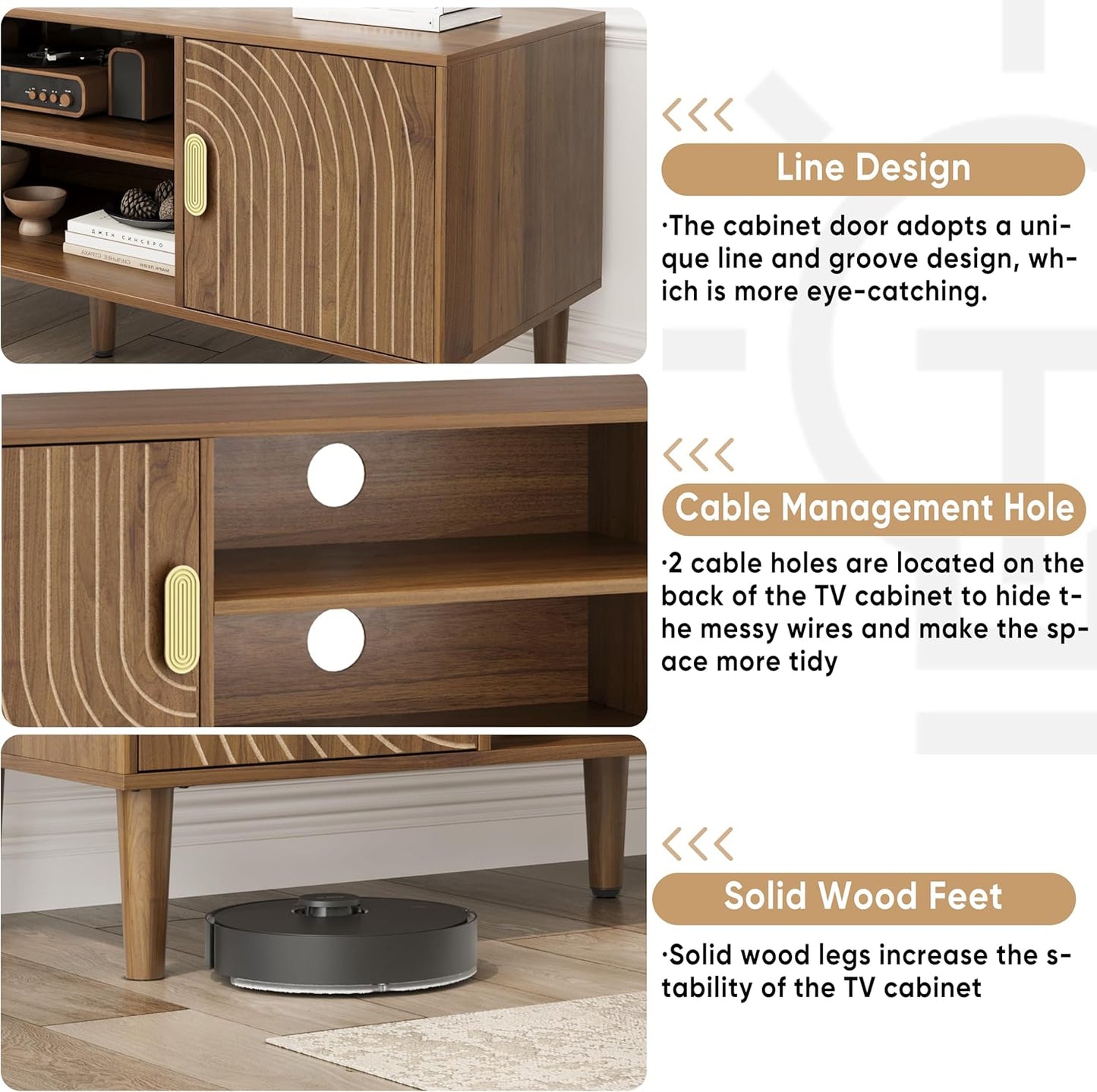 Smuxee Walnut TV Stand with Line Groove Design, 47.2" Mid Century Modern TV Media Console for TVs up to 55", TV Cabinet with Adjustable Shelf & 2 Cabinets for Living Room