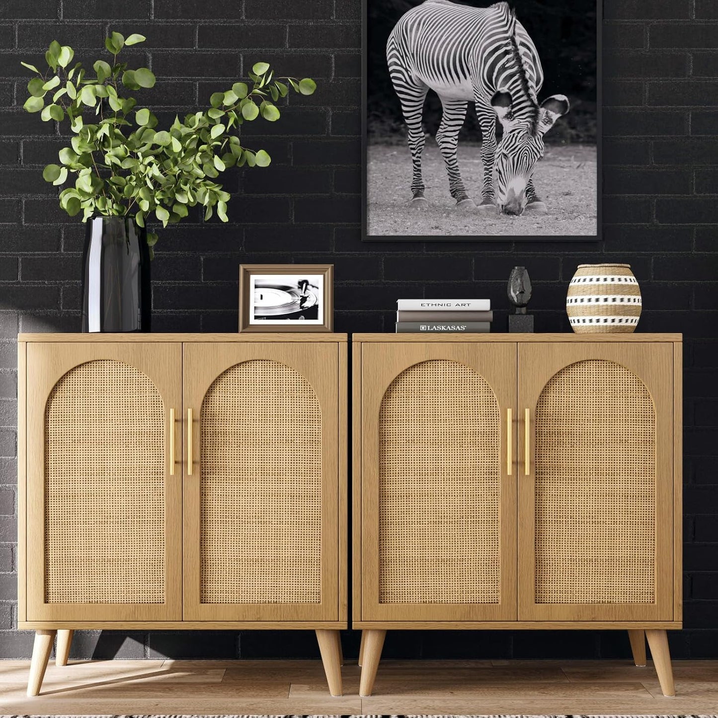 Rovaurx Rattan Storage Cabinet with Doors, Modern Accent Bathroom Floor Cabinet, Sideboard Buffet for Living Room, Entryway, Dining Room and Kitchen, Natural BMGZ108M