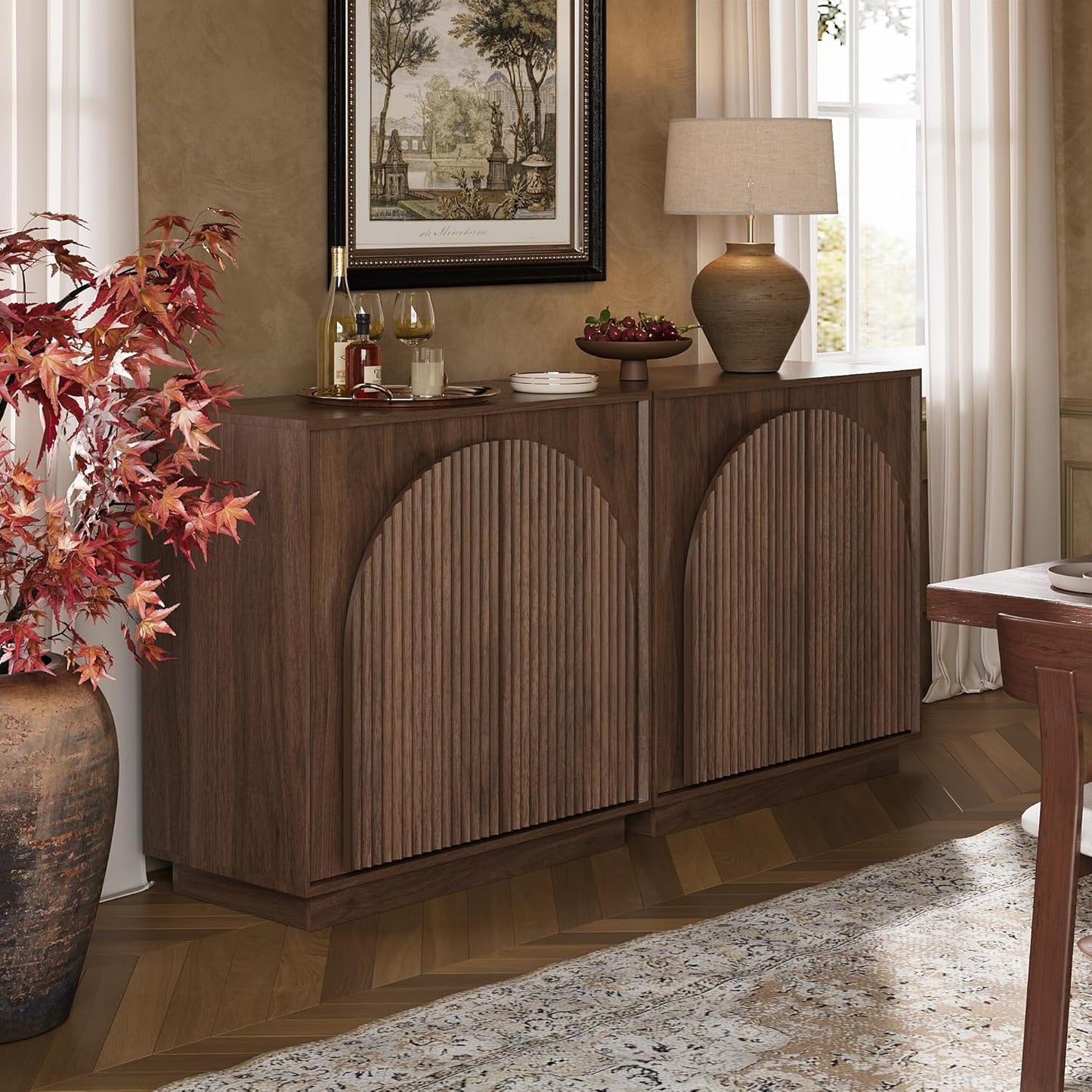 WIN2WIN Fluted Sideboard Buffet Cabinet with Storage, 31.5" Mid Century Modern Accent Cabinet with Double-Layered Arch Door, Small Wood Console Credenza for Dining Living Room Entryway Hallway, Walnut