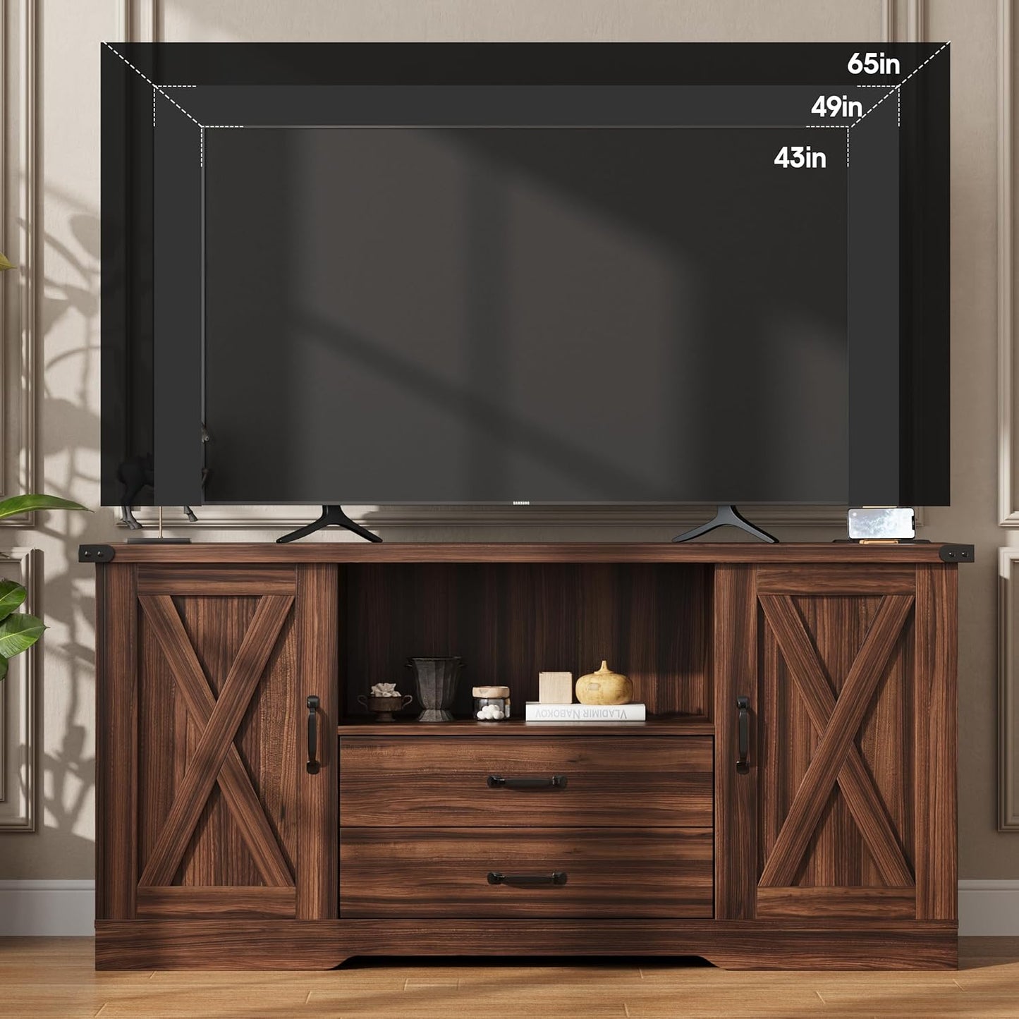 Maupvit Farmhouse TV Stand for 65 Inch TV,Under TV Cabinet with Storage,TV Table with Drawers,58.3" TV Media Console,Wooden TV Stands for Living Room Bedroom,Walnut