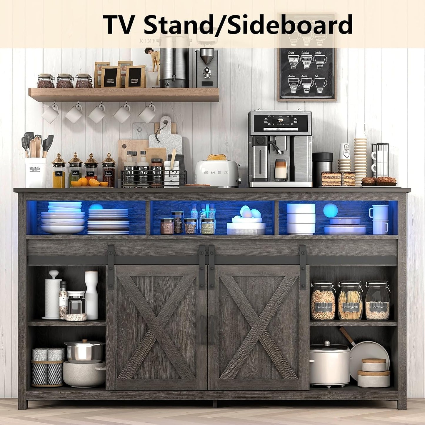 Vinctik 6&Fox 57” Wooden Farmhouse TV Stand for 60/65 inch TV,Double Layer Storage Entertainment Center TV Console Table,w Double-Row Sockets and 2 Sliding Barn Door,Media Cable Box(Grey Wash)