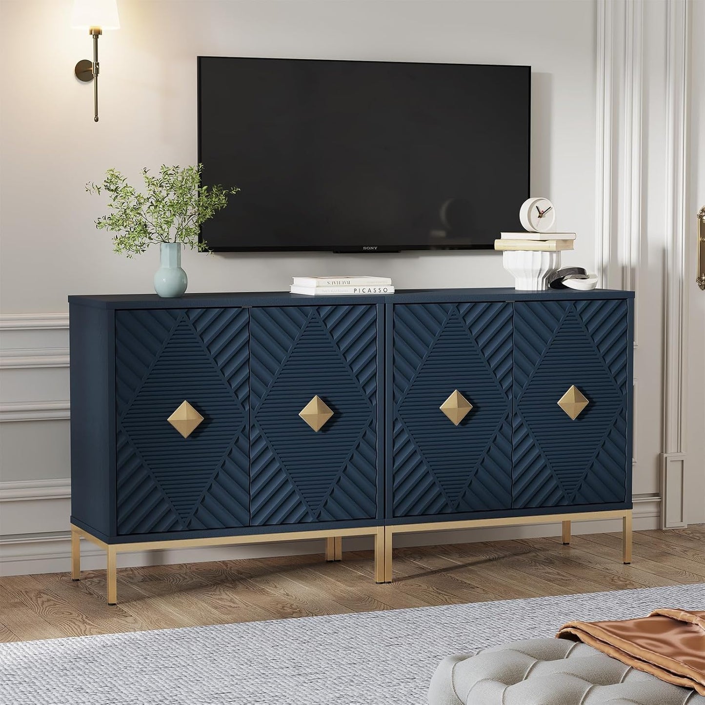 Accent Cabinet with 2 Doors, Blue Sideboard Buffet Cabinet with Storage, Decorative Wood Carved Modern Credenza for Living Room, Entryway, Kitchen