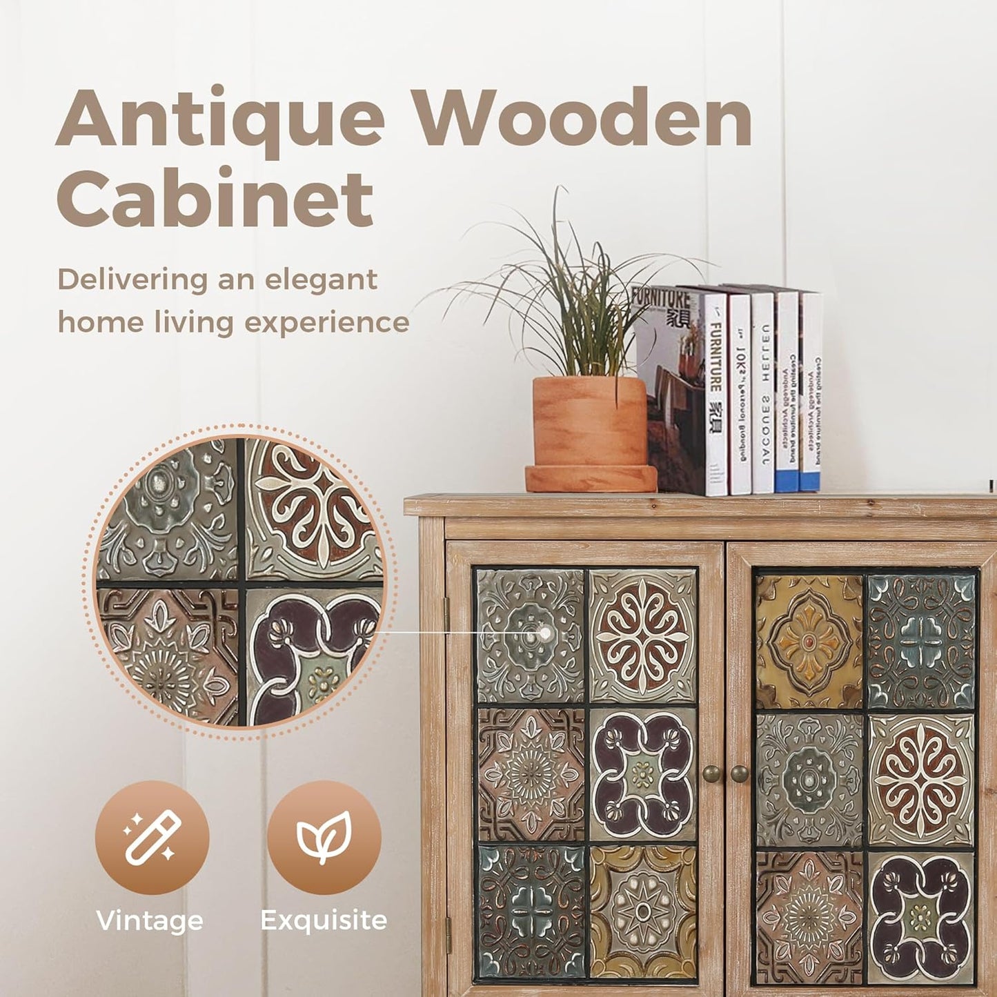 MAISON ARTS Accent Cabinet with 2 Doors and 1 Shelf, Farmhouse Boho Storage Cabinet with Solid Wood Frame, Small Buffet Sideboard for Living Room Entryway, Holds Up to 245lbs