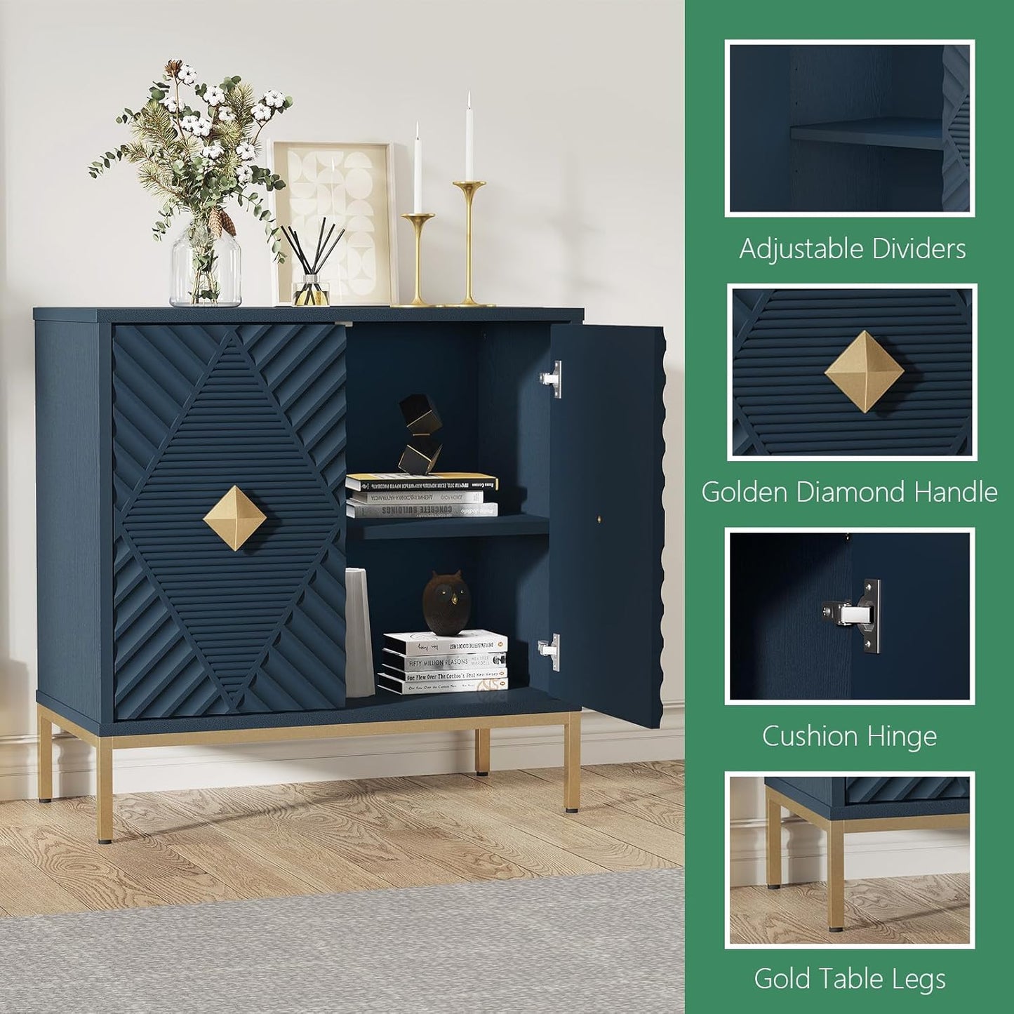 Accent Cabinet with 2 Doors, Blue Sideboard Buffet Cabinet with Storage, Decorative Wood Carved Modern Credenza for Living Room, Entryway, Kitchen