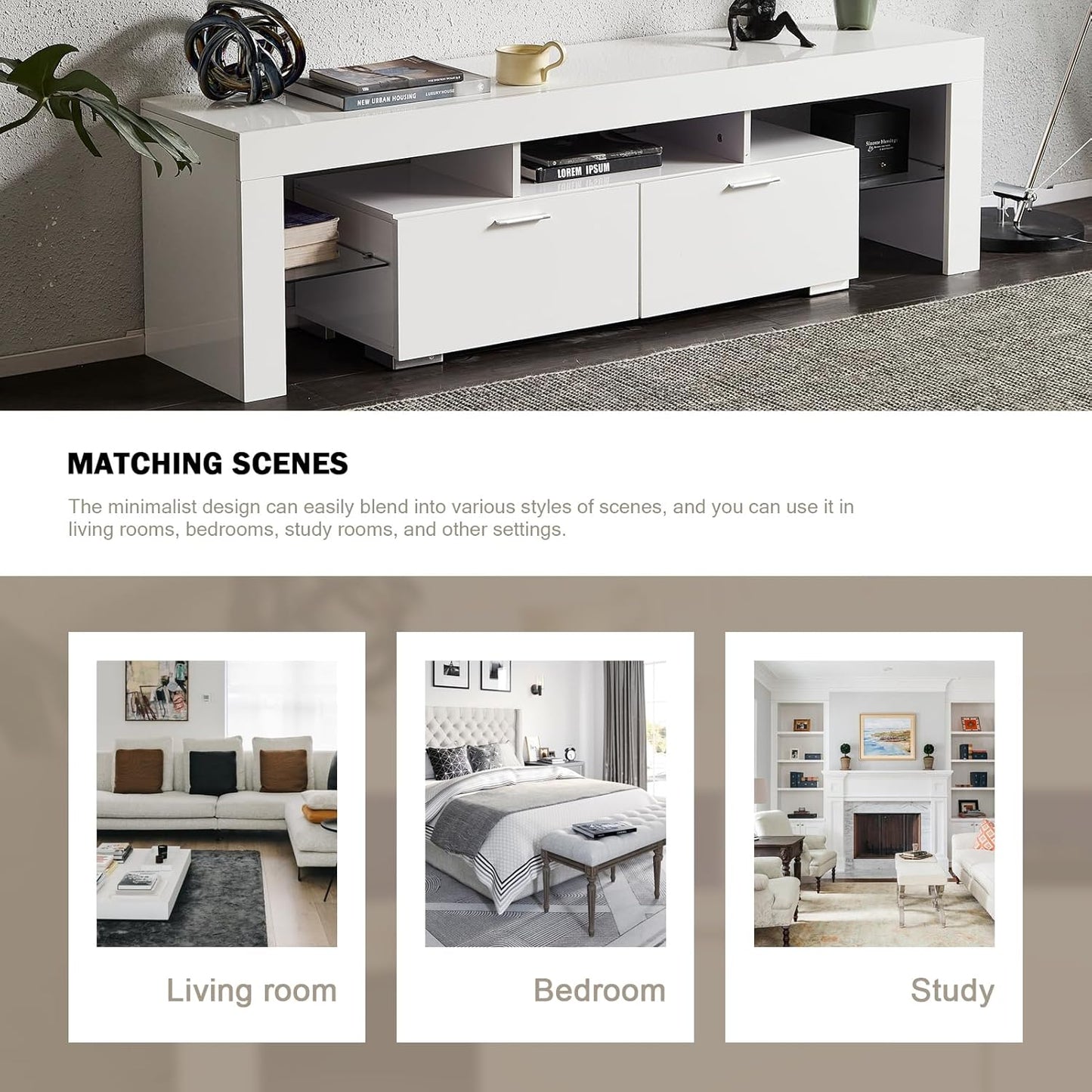 Nrizc LED TV Stand 60-75 inch, Modern Entertainment Center for Living Room, White TV Console with 2 Drawers, Wooden TV Cabinet with Stroage