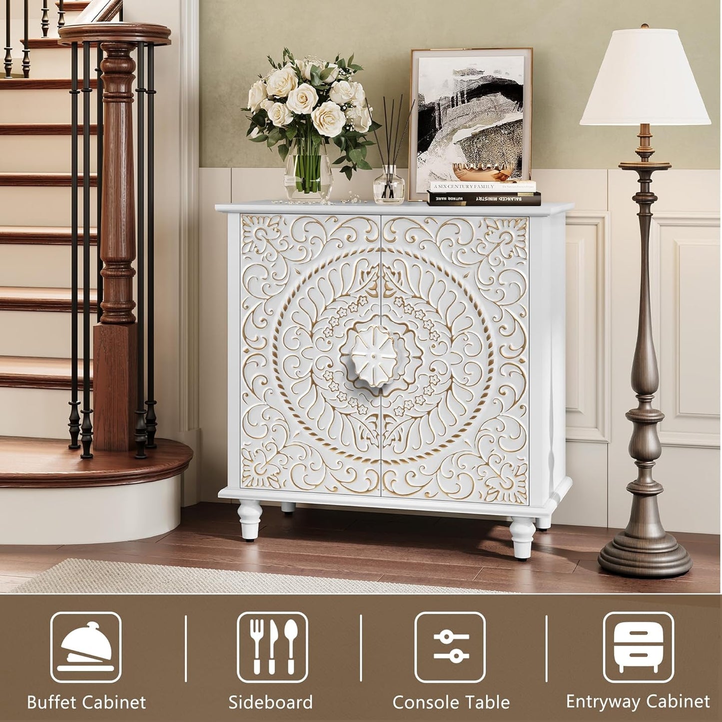 ARTPOWER Accent Cabinet with 2 Doors, Decorative Storage Cabinet with Carved Flower Pattern, White Sideboard Buffet with Storage, Wood Credenza for Entryway, Living Room, Kitchen, Dining Room