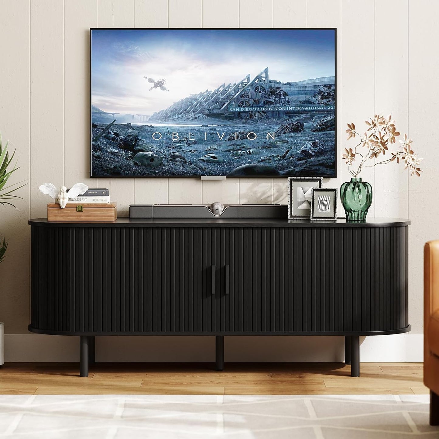 55" TV Stand with Power Outlet for TVs up to 60 Inch, Entertainment Center with Storage and Adjustable Shelves, Modern Media Console with Sliding Doors for Living Room, Walnut