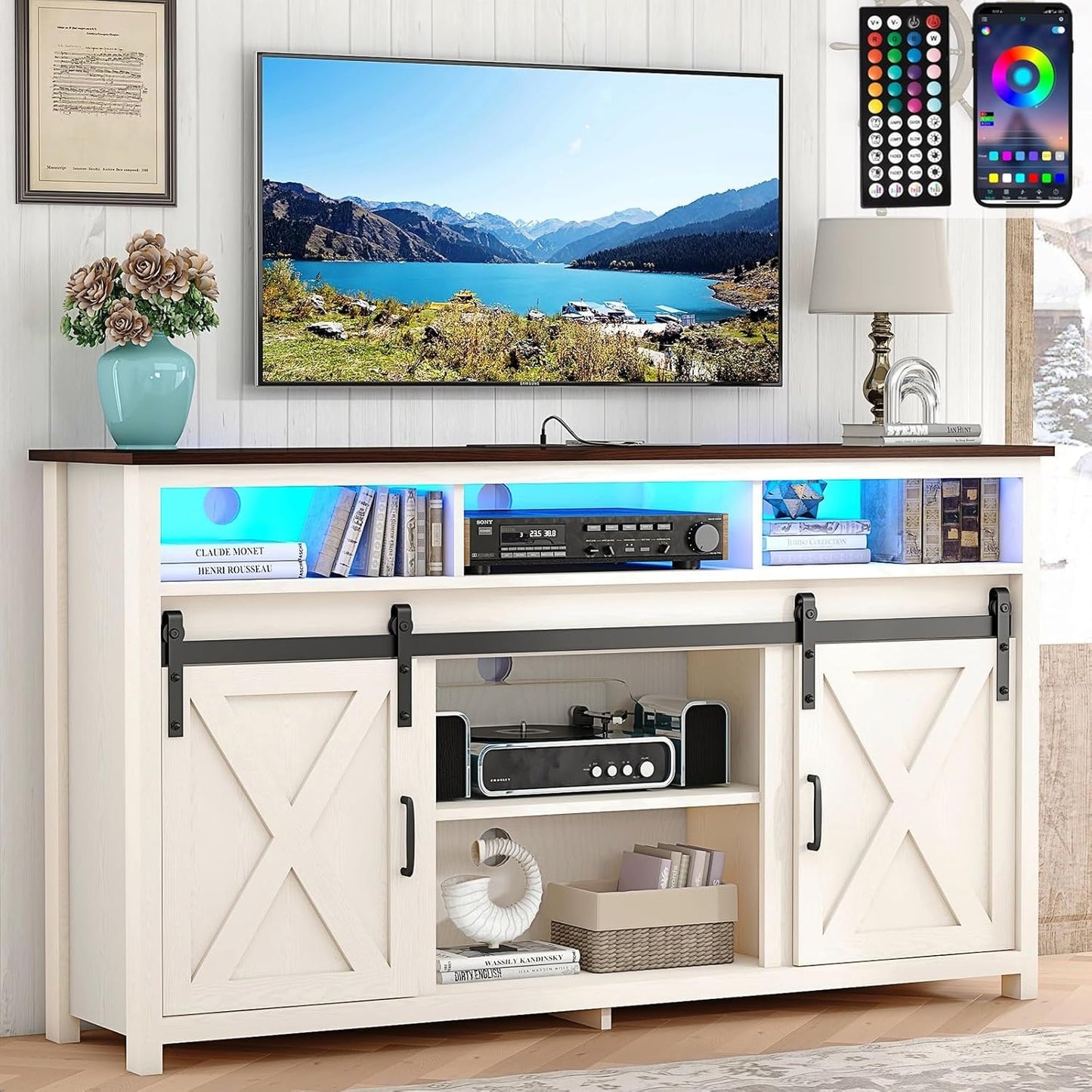 Vinctik 6&Fox 57” Wooden Farmhouse TV Stand for 60/65 inch TV,Double Layer Storage Entertainment Center TV Console Table,w Double-Row Sockets and 2 Sliding Barn Door,Media Cable Box(Grey Wash)
