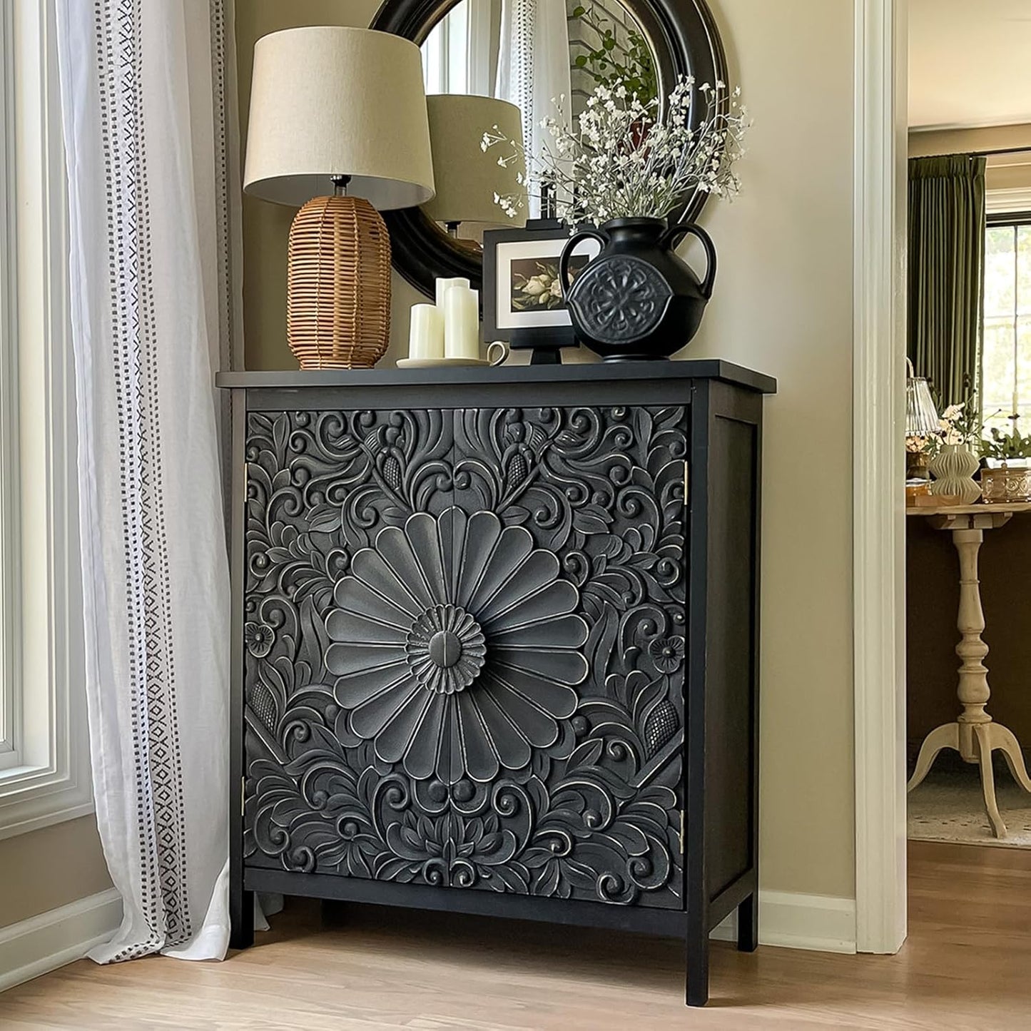 MAISON ARTS Accent Cabinet with 2 Doors and 1 Shelf, Farmhouse Boho Storage Cabinet with Solid Wood Frame, Small Buffet Sideboard for Living Room Entryway, Holds Up to 245lbs