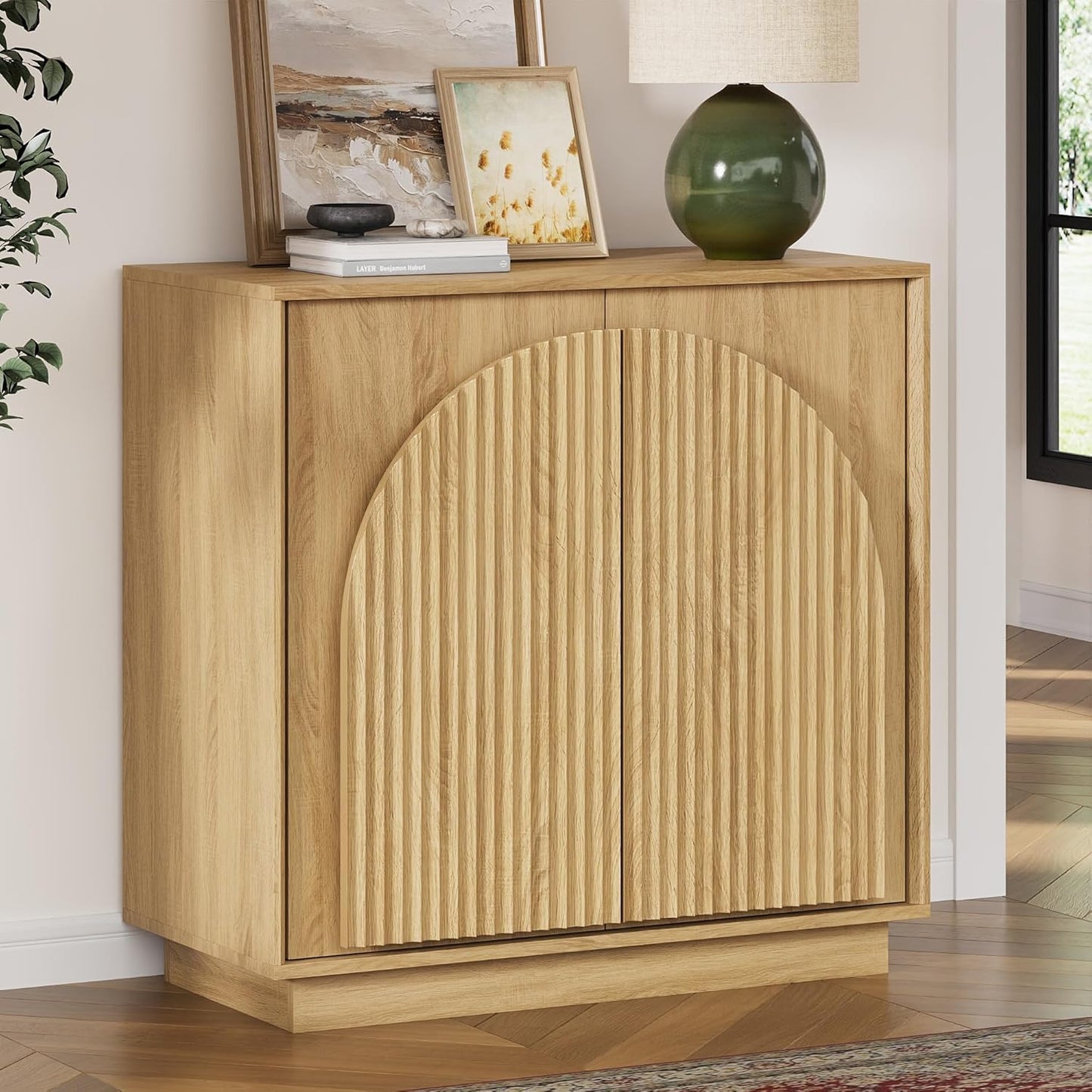 WIN2WIN Fluted Sideboard Buffet Cabinet with Storage, 31.5" Mid Century Modern Accent Cabinet with Double-Layered Arch Door, Small Wood Console Credenza for Dining Living Room Entryway Hallway, Walnut