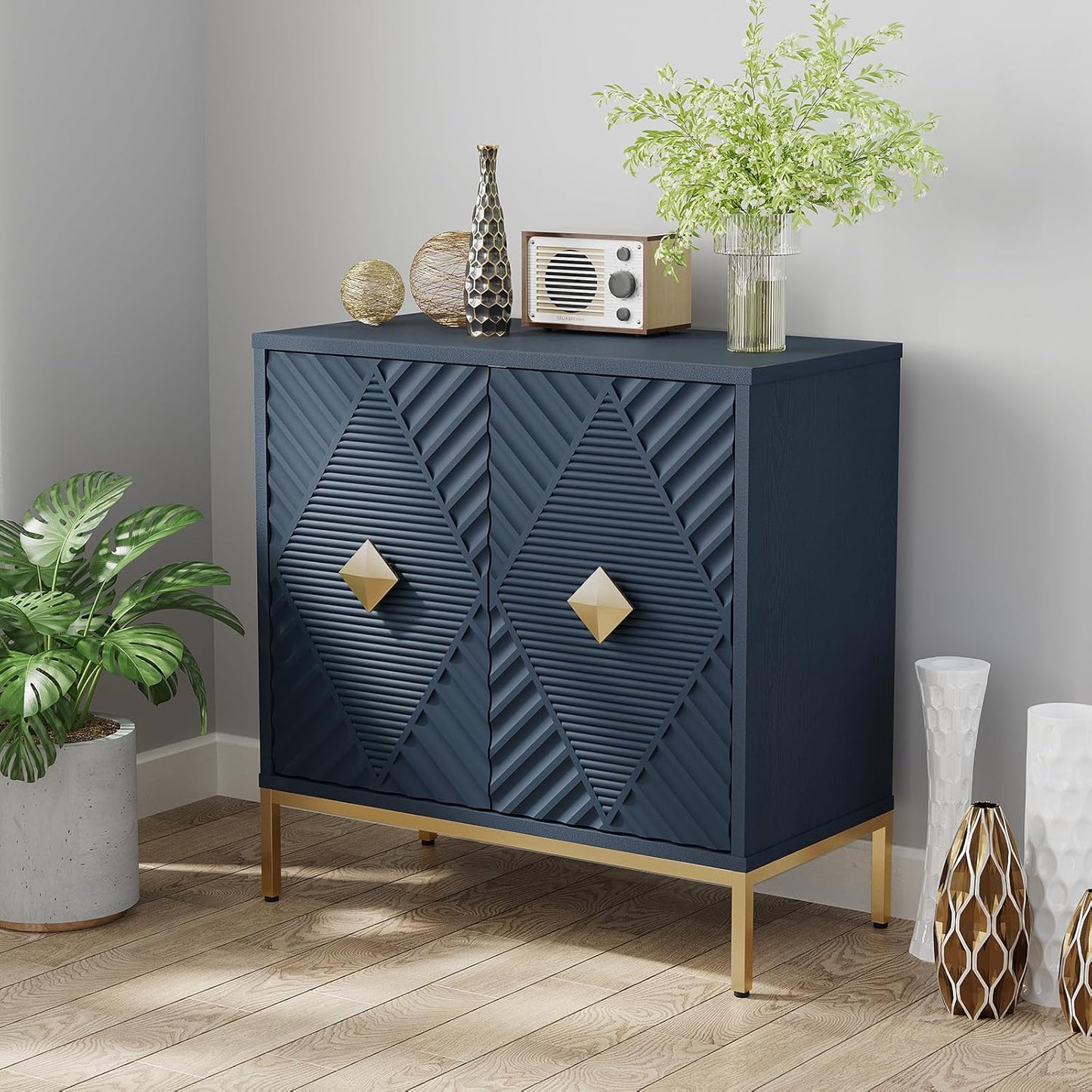 Accent Cabinet with 2 Doors, Blue Sideboard Buffet Cabinet with Storage, Decorative Wood Carved Modern Credenza for Living Room, Entryway, Kitchen