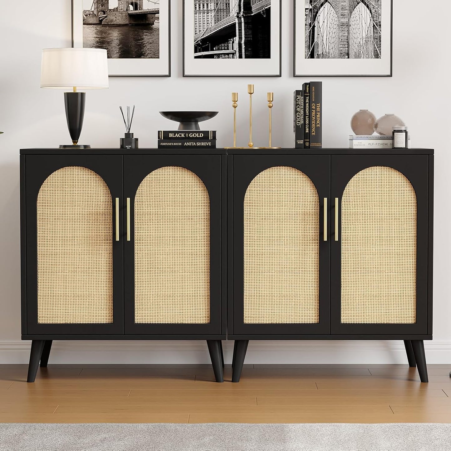 Rovaurx Rattan Storage Cabinet with Doors, Modern Accent Bathroom Floor Cabinet, Sideboard Buffet for Living Room, Entryway, Dining Room and Kitchen, Natural BMGZ108M