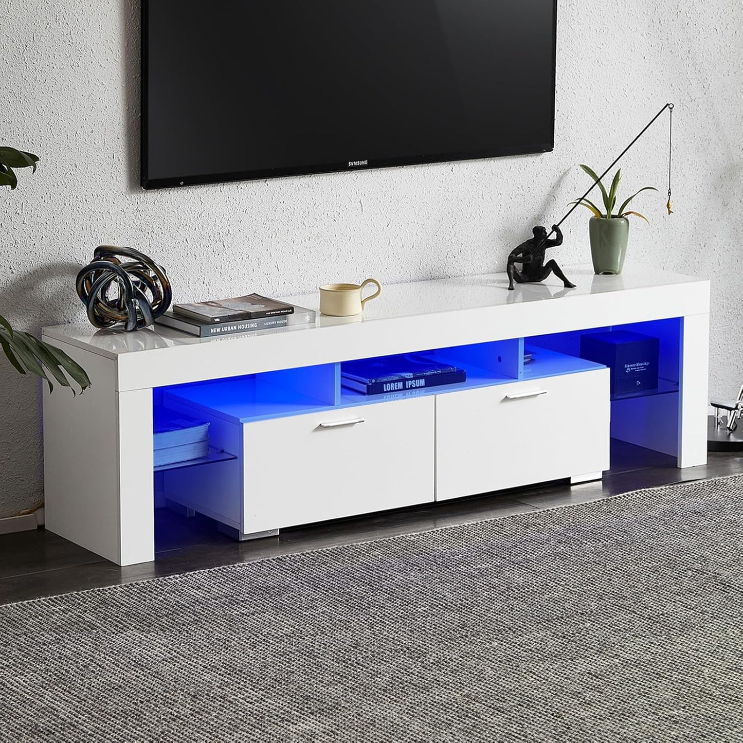 Nrizc LED TV Stand 60-75 inch, Modern Entertainment Center for Living Room, White TV Console with 2 Drawers, Wooden TV Cabinet with Stroage