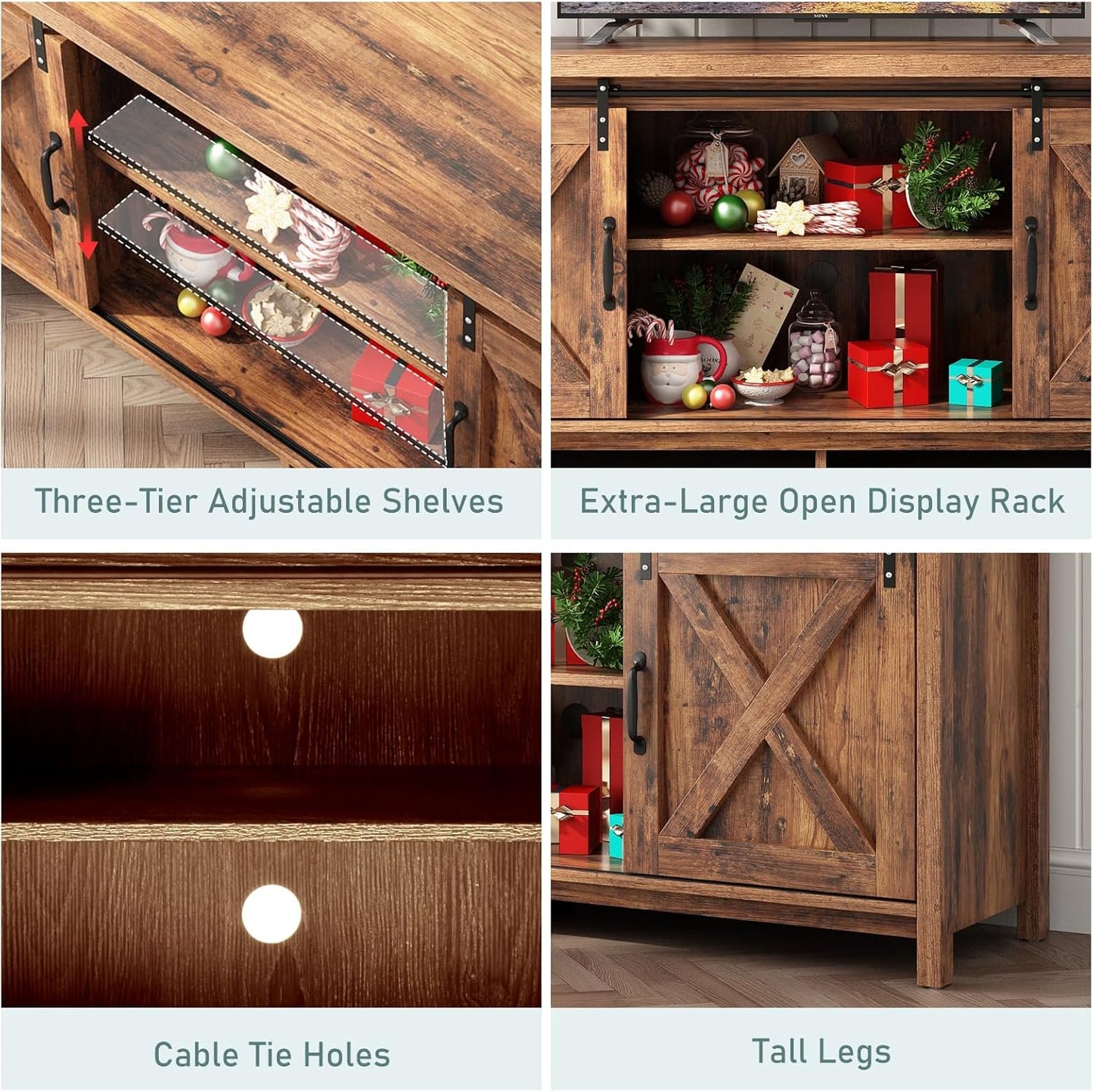 Farmhouse TV Stand for 55-65in TV with Adjustable Shelves & Sliding Barn Door - Rustic, Wooden Entertainment Center & Media Cabinet for Bedroom, Living Room (Dark Brown, 58in)