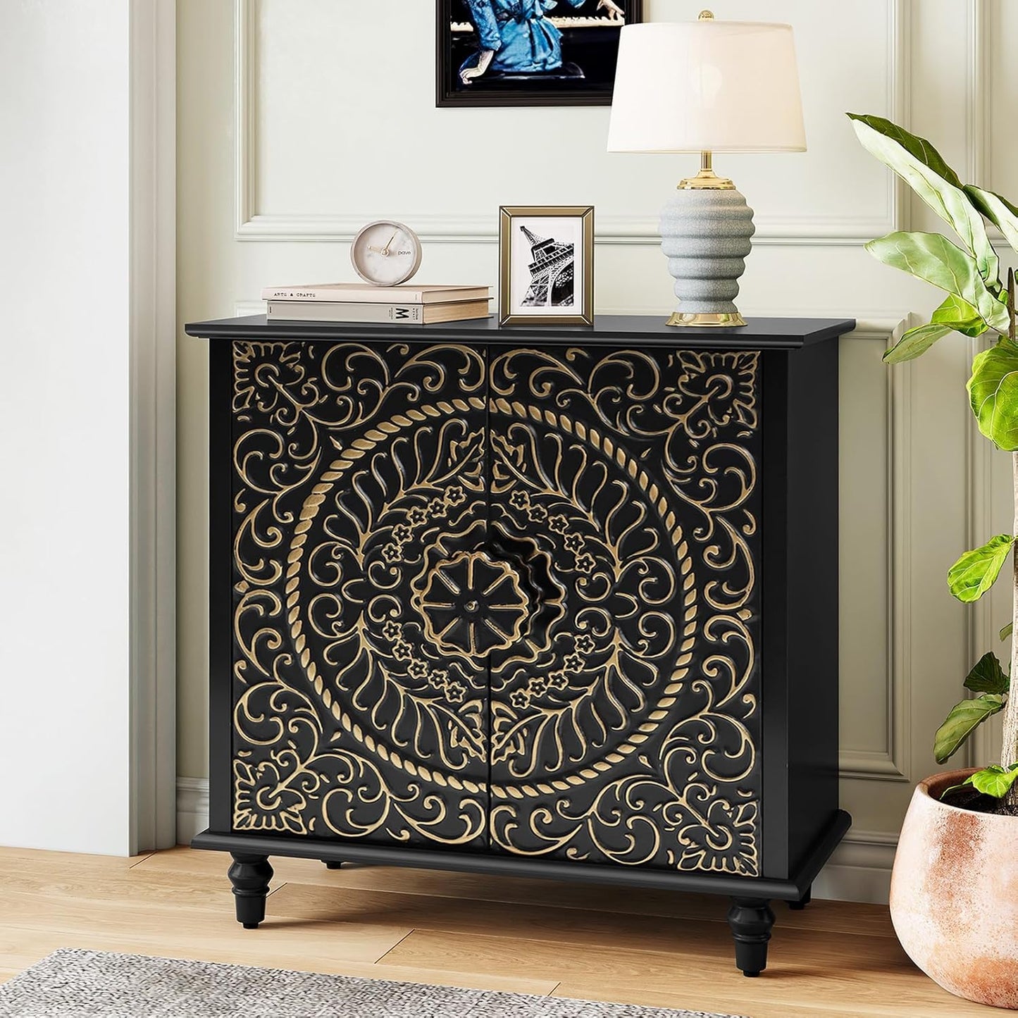 ARTPOWER Accent Cabinet with 2 Doors, Decorative Storage Cabinet with Carved Flower Pattern, White Sideboard Buffet with Storage, Wood Credenza for Entryway, Living Room, Kitchen, Dining Room