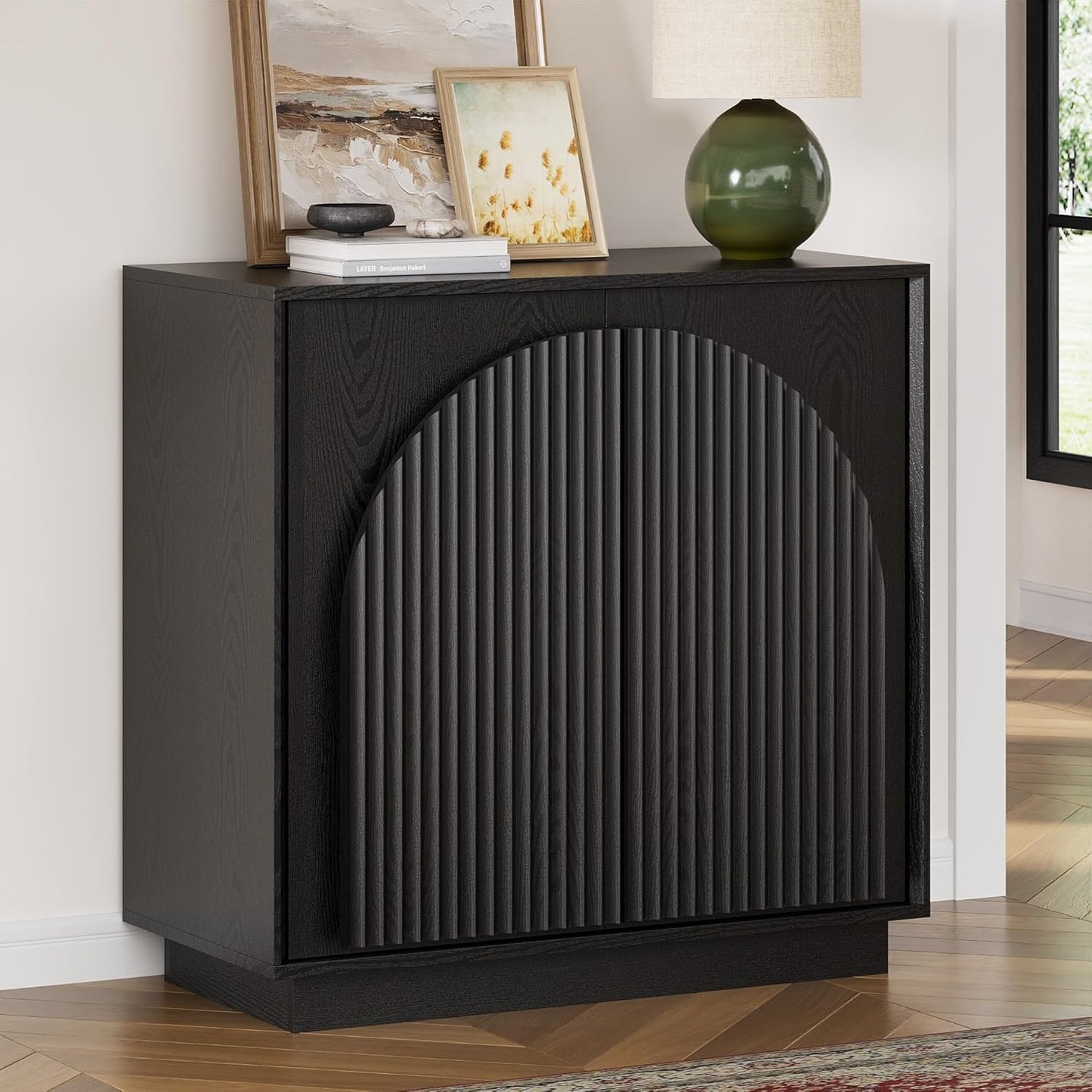 WIN2WIN Fluted Sideboard Buffet Cabinet with Storage, 31.5" Mid Century Modern Accent Cabinet with Double-Layered Arch Door, Small Wood Console Credenza for Dining Living Room Entryway Hallway, Walnut