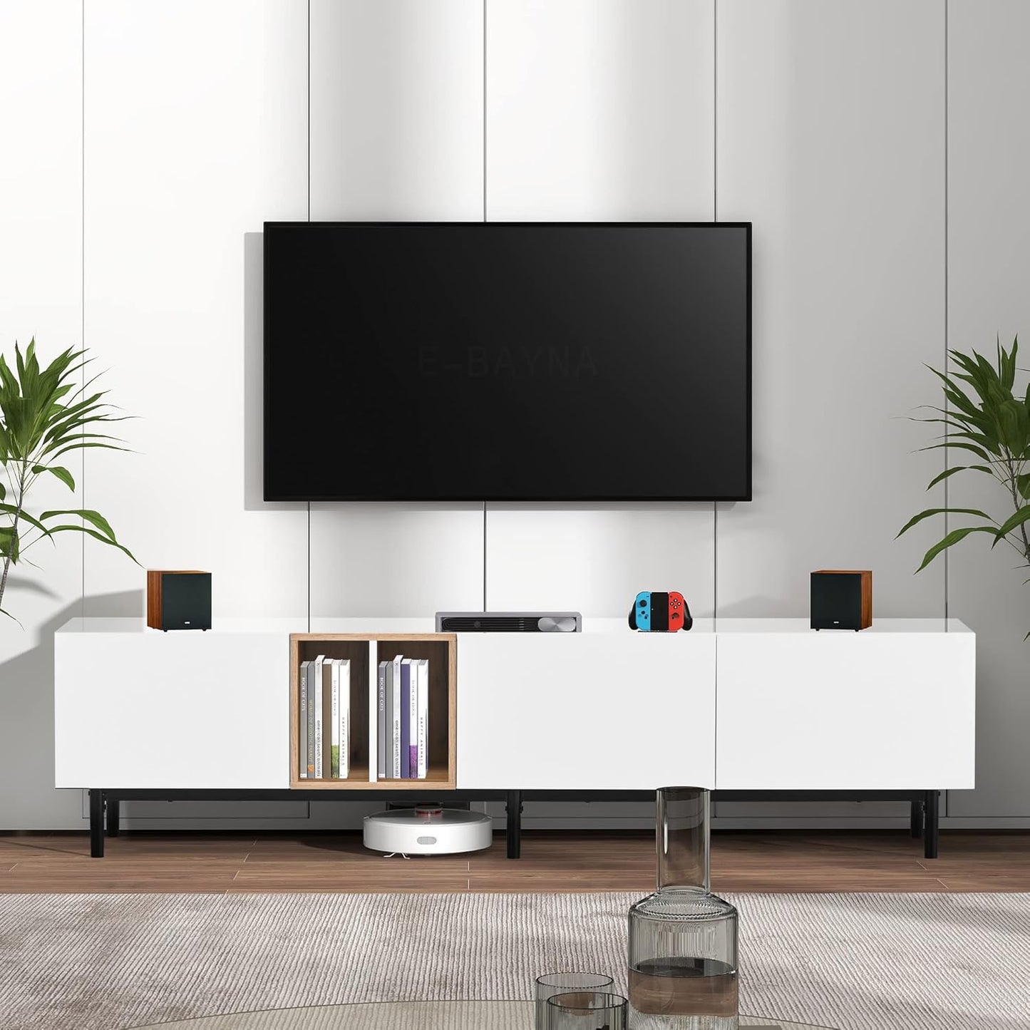 Modern TV Stand with 3 Cabinets & Open Shelves, Minimalist Wooden Entertainment Center for TVs Up to 80”, Sturdy TV Console for Living Room Bedroom Decor (Wood)