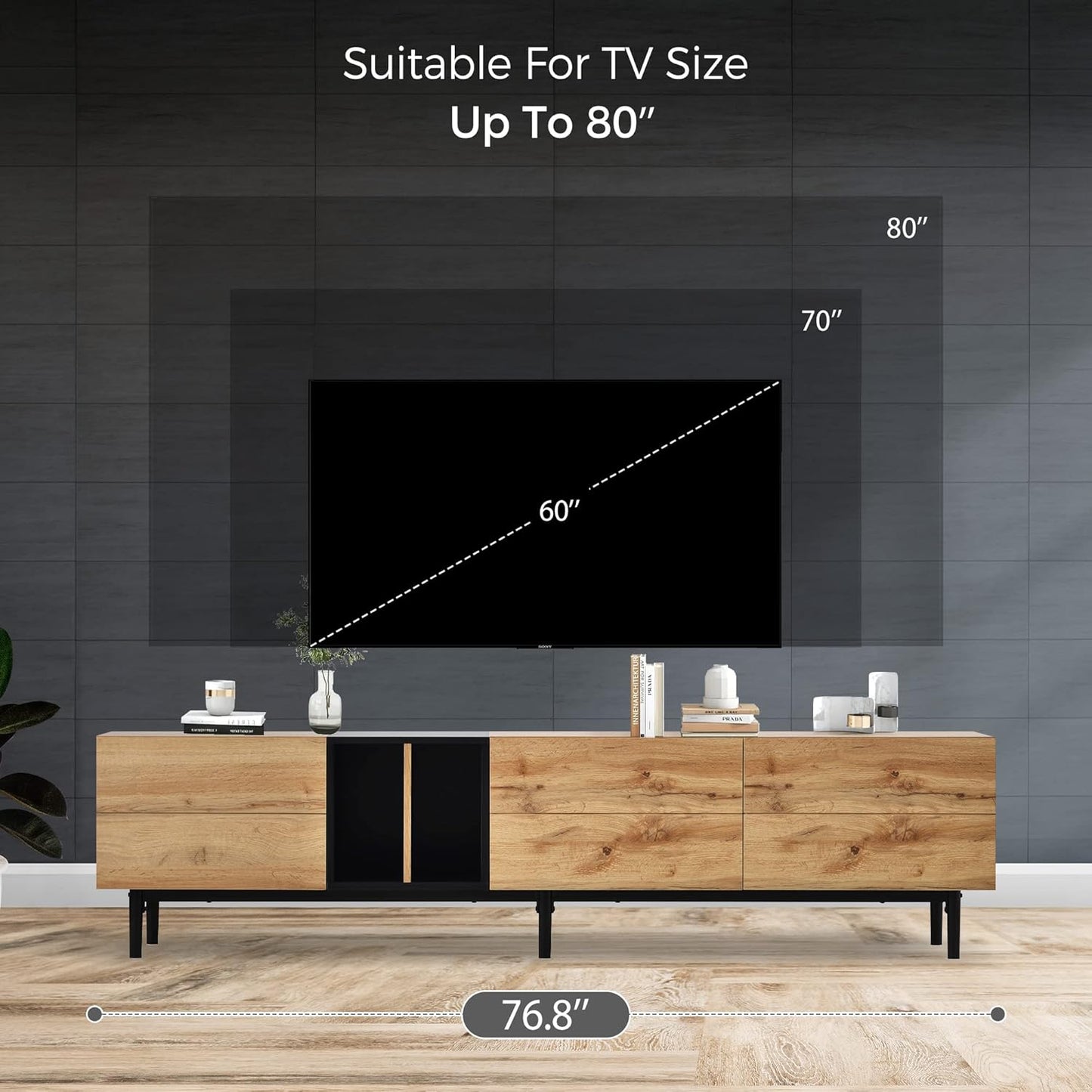 Modern TV Stand with 3 Cabinets & Open Shelves, Minimalist Wooden Entertainment Center for TVs Up to 80”, Sturdy TV Console for Living Room Bedroom Decor (Wood)