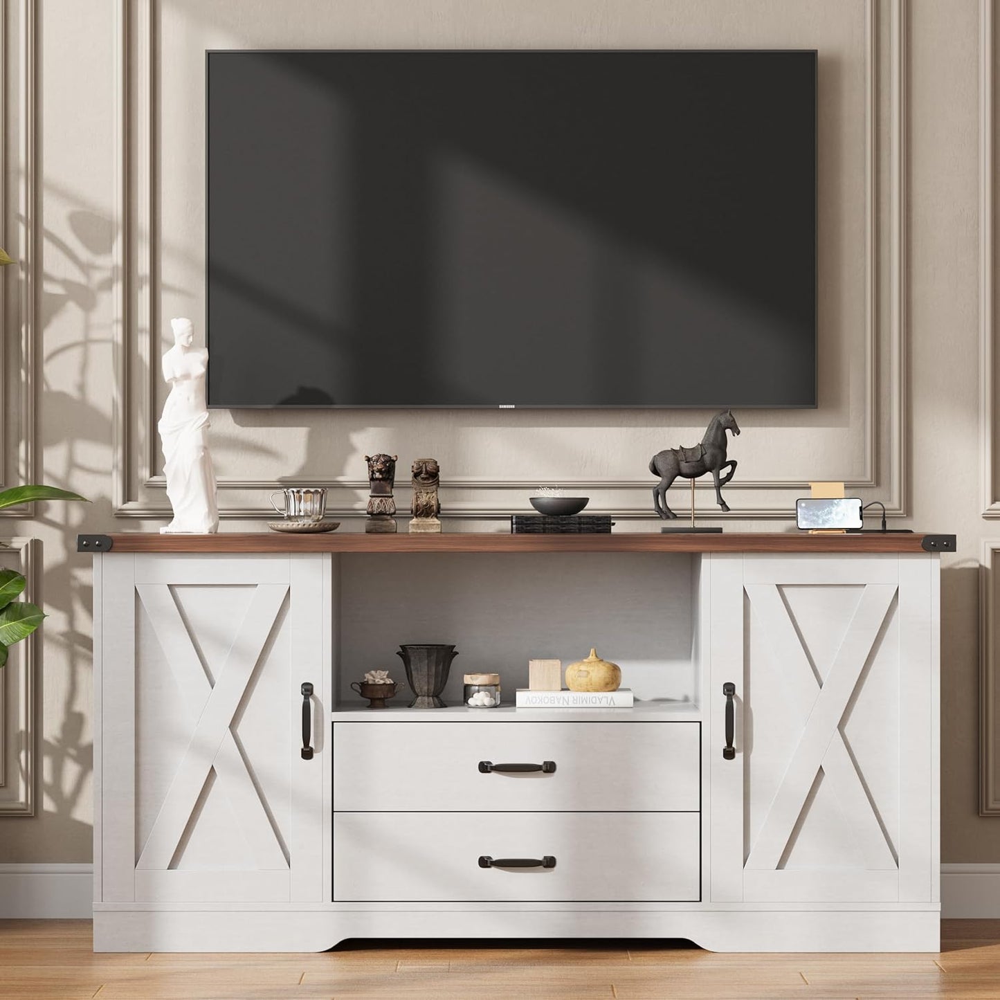 Maupvit Farmhouse TV Stand for 65 Inch TV,Under TV Cabinet with Storage,TV Table with Drawers,58.3" TV Media Console,Wooden TV Stands for Living Room Bedroom,Walnut