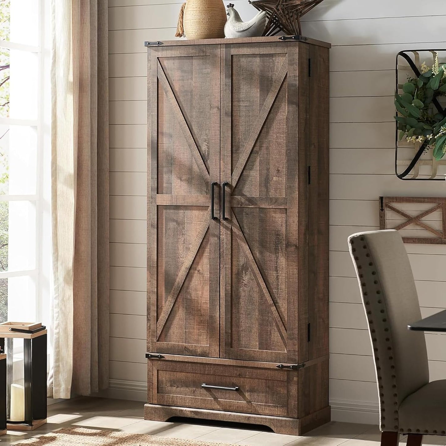 72" Farmhouse Kitchen Pantry Cabinet with Drawer, Tall Storage Cabinet with 2 Barn Doors and Shelves, Versatile Large Rustic Cupboard for Dining Room, Bathroom, Living Room, Laudry, White