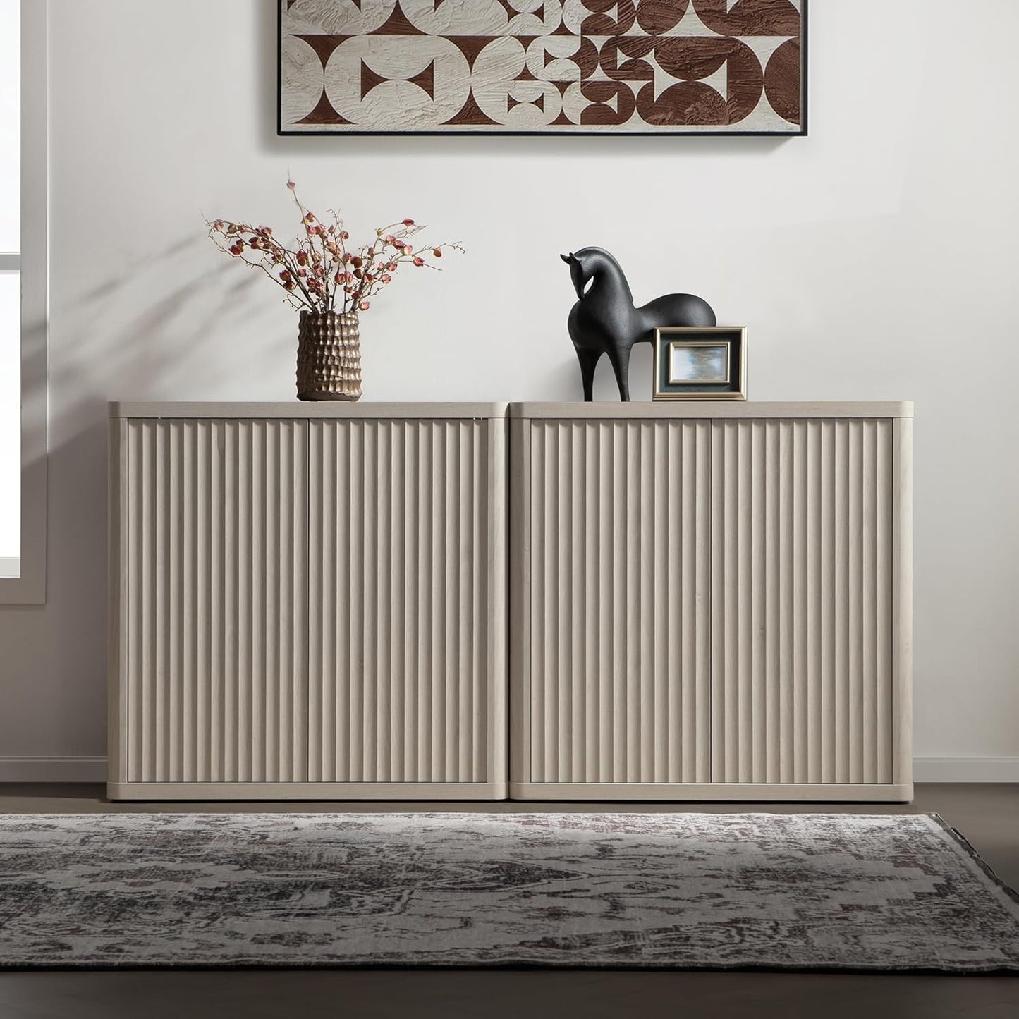 SICOTAS Buffet Cabinet with Storage Sideboard Accent Modern Credenza with Doors & Shelves Fluted 34.6" Tall Media Console Mid Century Coffee Bar Table for Living Room Kitchen Dining Room Hallway