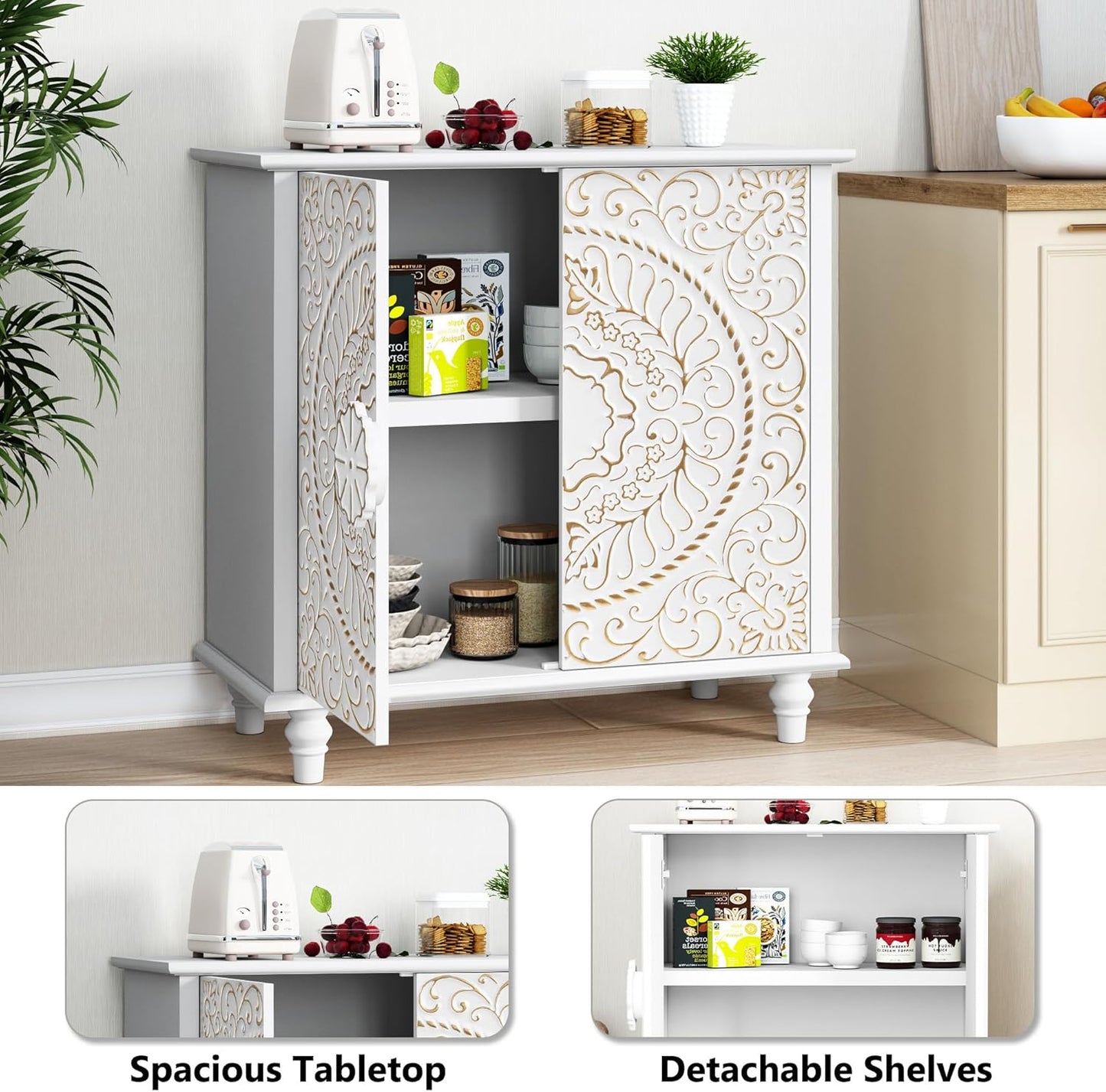 ARTPOWER Accent Cabinet with 2 Doors, Decorative Storage Cabinet with Carved Flower Pattern, White Sideboard Buffet with Storage, Wood Credenza for Entryway, Living Room, Kitchen, Dining Room