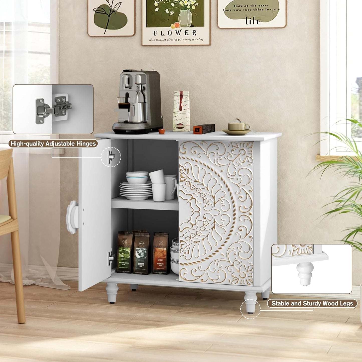 ARTPOWER Accent Cabinet with 2 Doors, Decorative Storage Cabinet with Carved Flower Pattern, White Sideboard Buffet with Storage, Wood Credenza for Entryway, Living Room, Kitchen, Dining Room