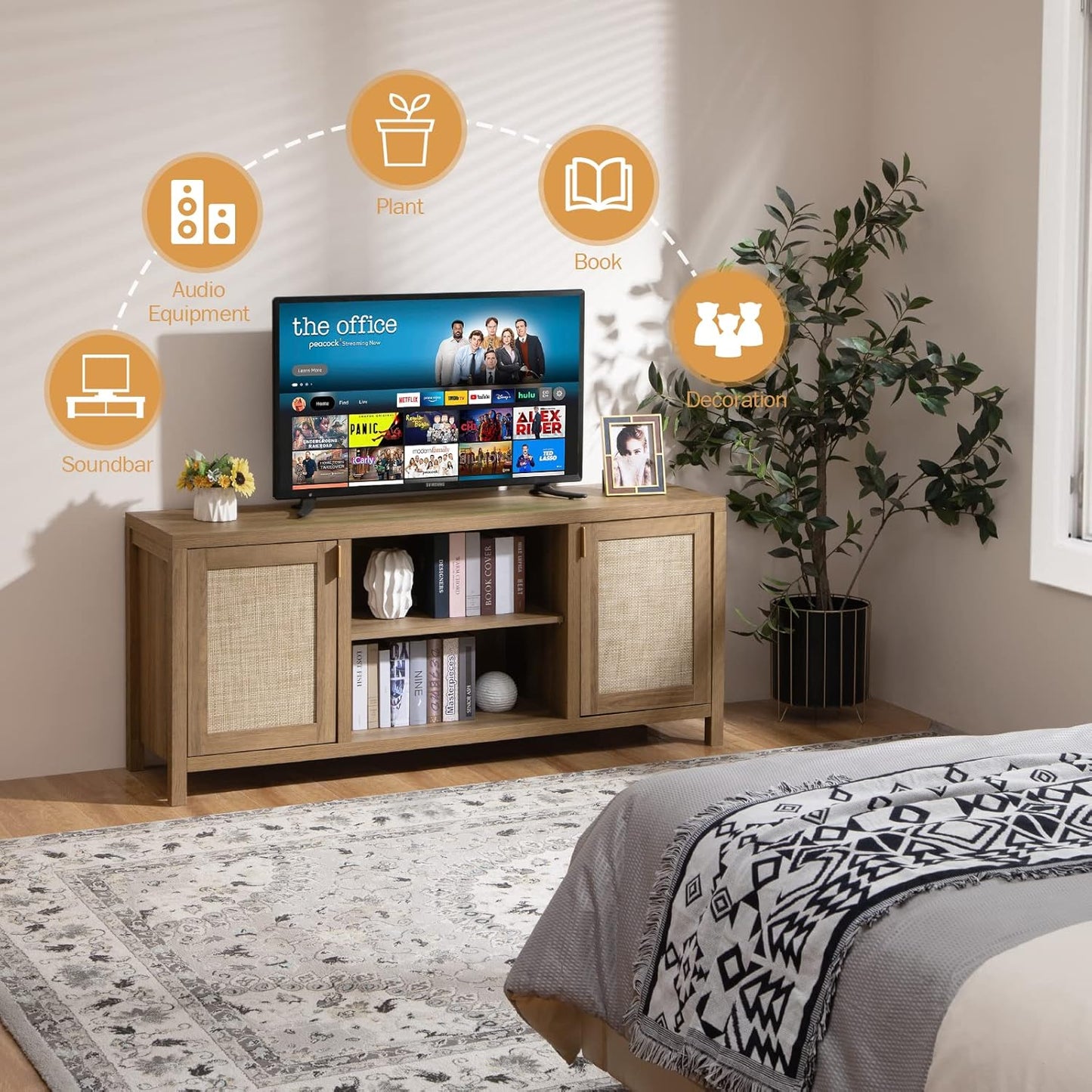 SICOTAS TV Stand for Living Room : Rattan TV Console Cabinet with Storage and Shelf, Boho Entertainment Center, 59" Media Console for 55, 65 Inch TV, 26" Tall Television Stands, Oak