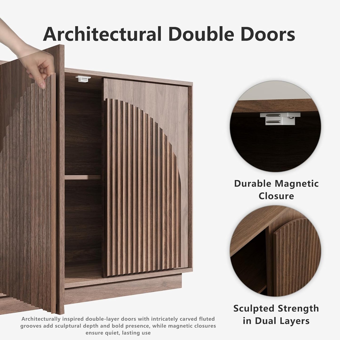 WIN2WIN Fluted Sideboard Buffet Cabinet with Storage, 31.5" Mid Century Modern Accent Cabinet with Double-Layered Arch Door, Small Wood Console Credenza for Dining Living Room Entryway Hallway, Walnut