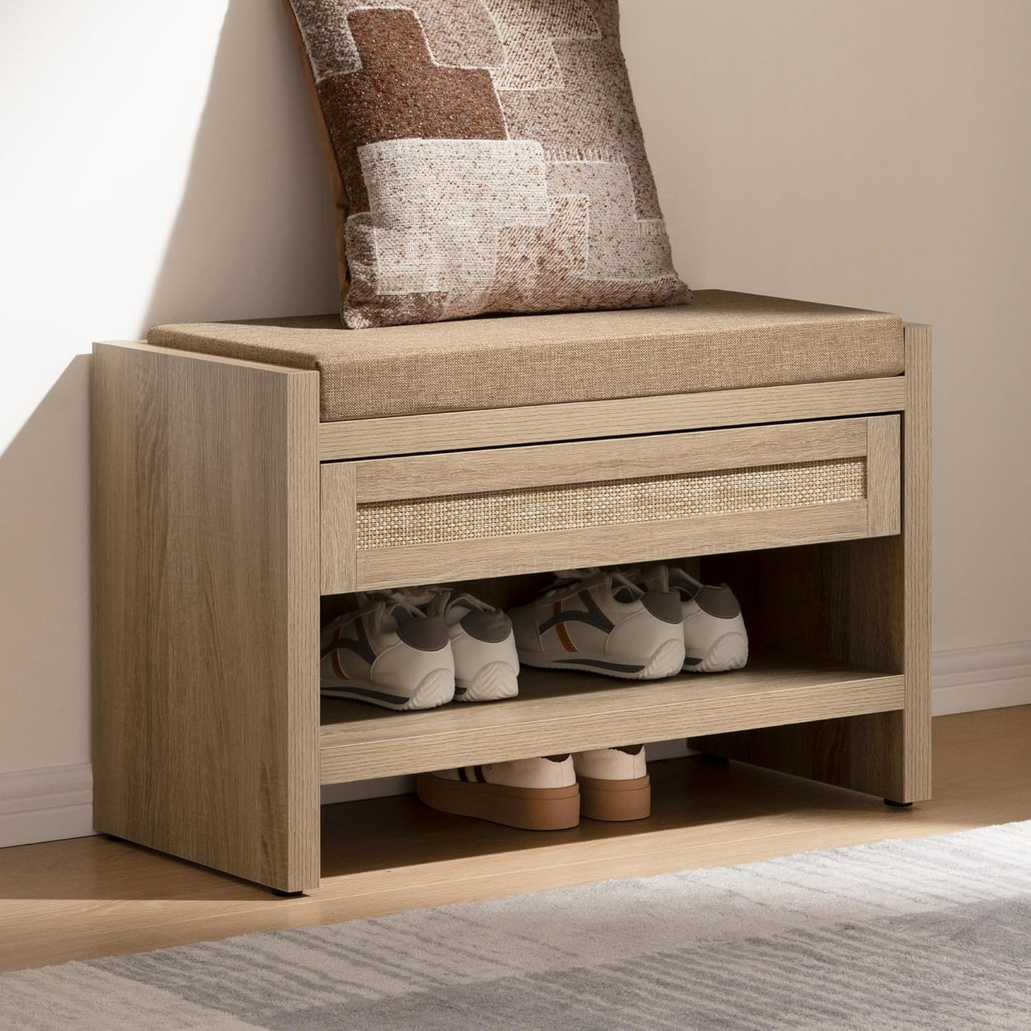 SICOTAS Rattan Shoe Bench Entryway Bench with Storage Drawer and Linen Seat Cushion, Farmhouse Boho Shoe Rack with Shelf, Wooden Storage Bench for Entryway Hallway and Bedroom, Caramel Oak