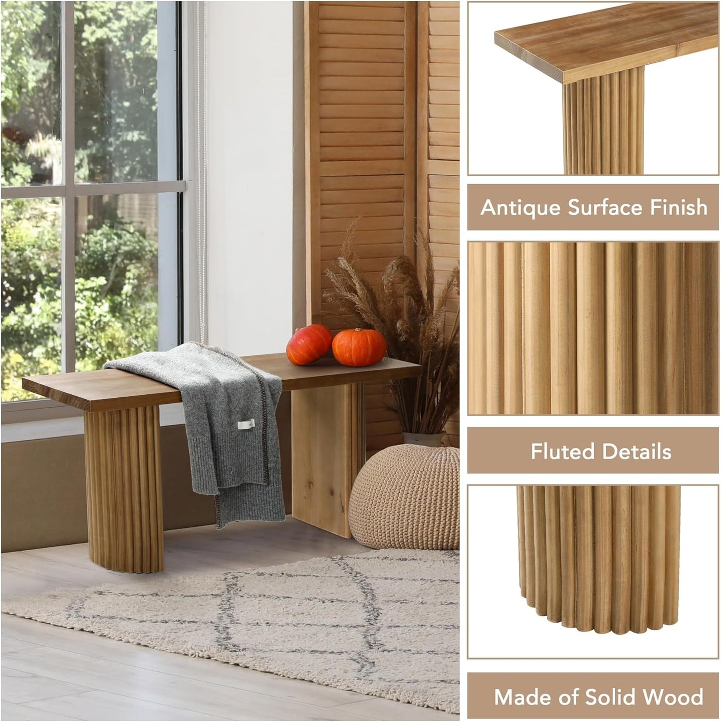 Fluted Wood Bench, 43" Farmhouse Solid Wood Bench Seat for Entryway, Dining Room, Indoors, Semicircular Leg, Easy Assembly, Natural