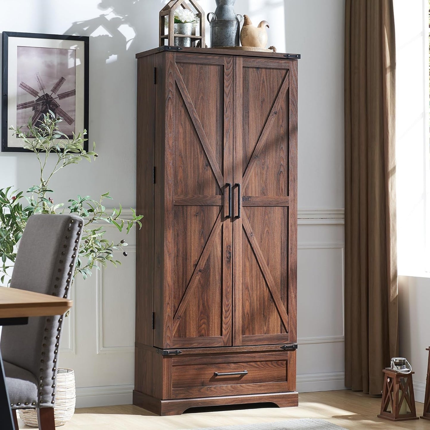 72" Farmhouse Kitchen Pantry Cabinet with Drawer, Tall Storage Cabinet with 2 Barn Doors and Shelves, Versatile Large Rustic Cupboard for Dining Room, Bathroom, Living Room, Laudry, White