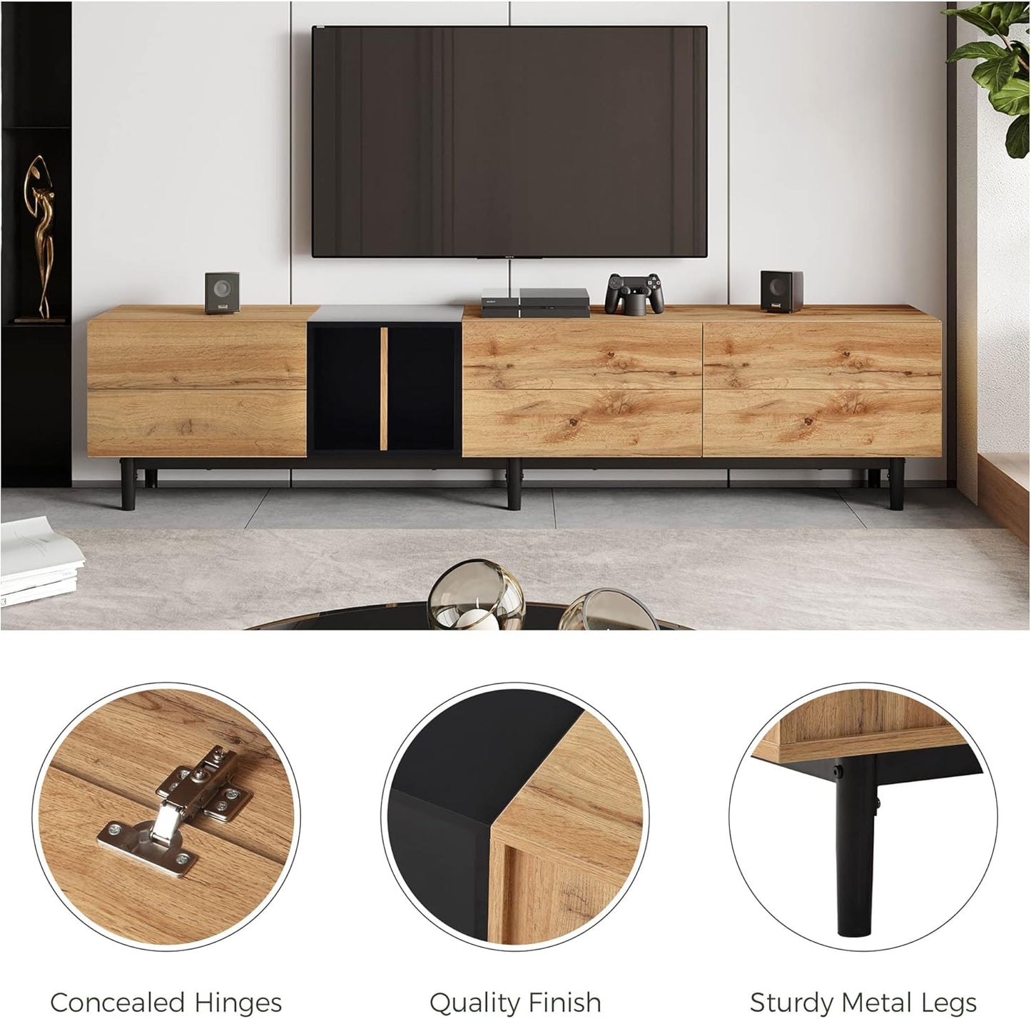 Modern TV Stand with 3 Cabinets & Open Shelves, Minimalist Wooden Entertainment Center for TVs Up to 80”, Sturdy TV Console for Living Room Bedroom Decor (Wood)