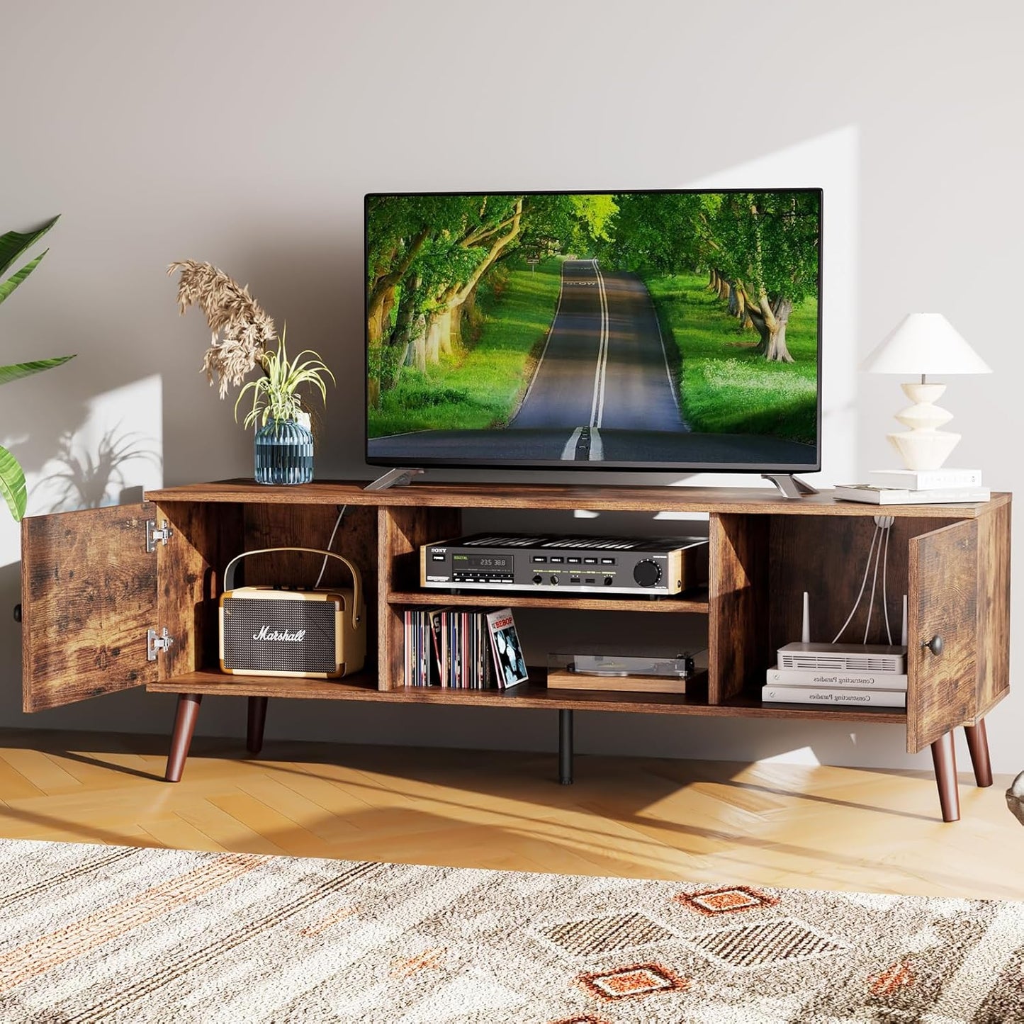 Sweetcrispy TV Stand for 55 60 inch TV, Modern Mid Century Entertainment Center with Storage, Media Console Table 2 Cabinet, Soft Hinge, Handle Door, Wooden Living Room, Office Furniture, Rustic Brown