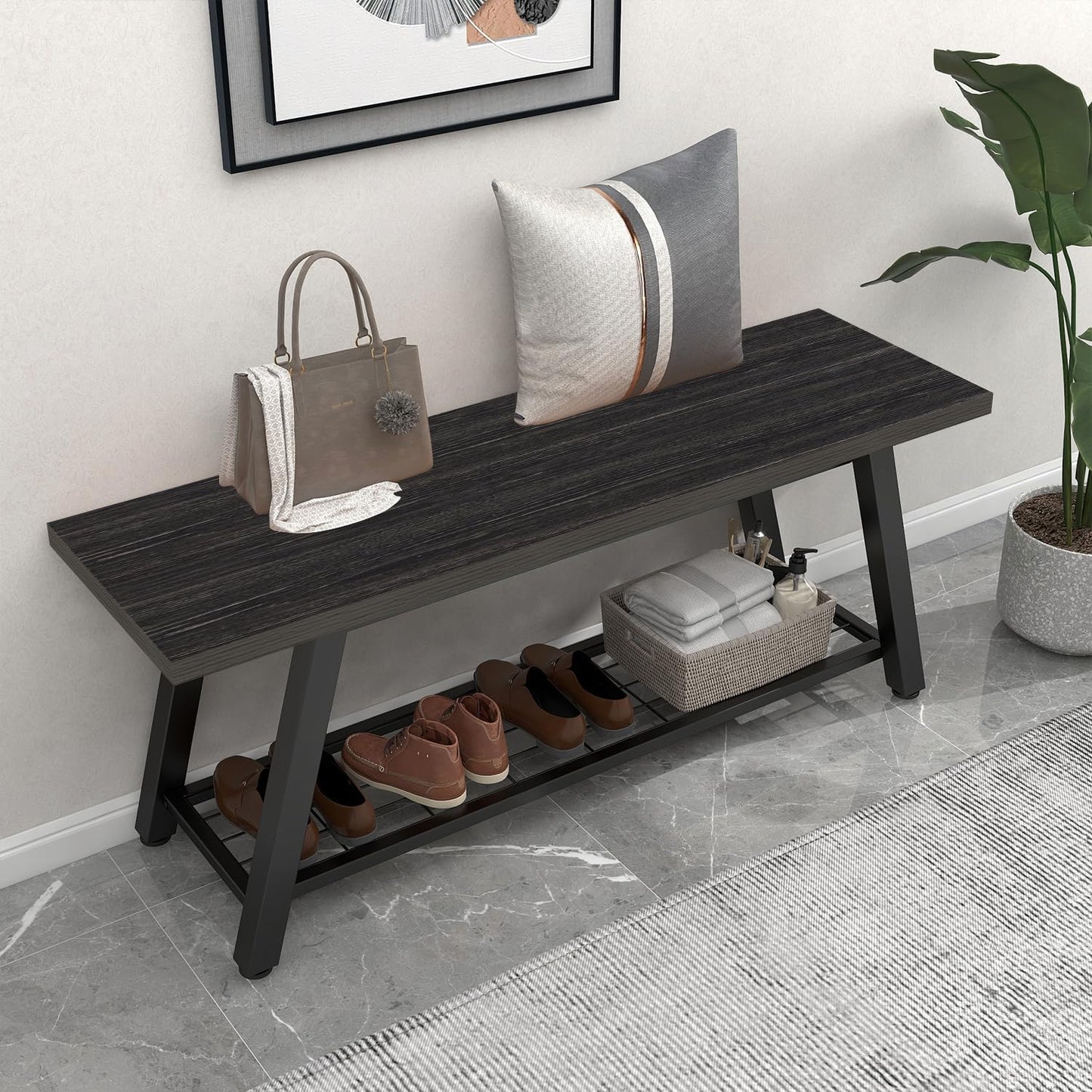 Storage Bench Industrial Rustic Wooden and Metal Entryway Shoe Boots Storage Rack Long Bench Seat for Hallway Bedroom Retro Brown Farmhouse Style