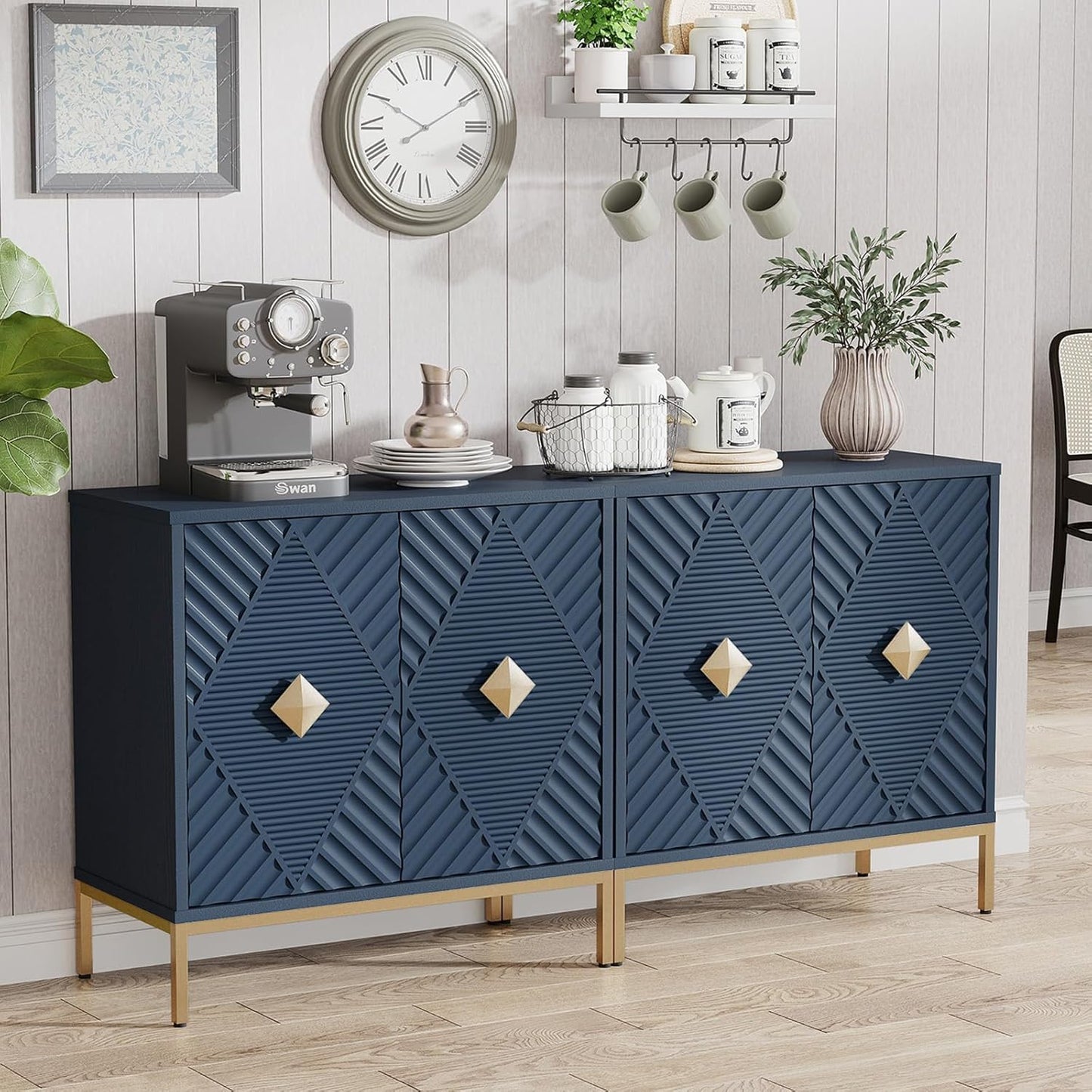 Accent Cabinet with 2 Doors, Blue Sideboard Buffet Cabinet with Storage, Decorative Wood Carved Modern Credenza for Living Room, Entryway, Kitchen