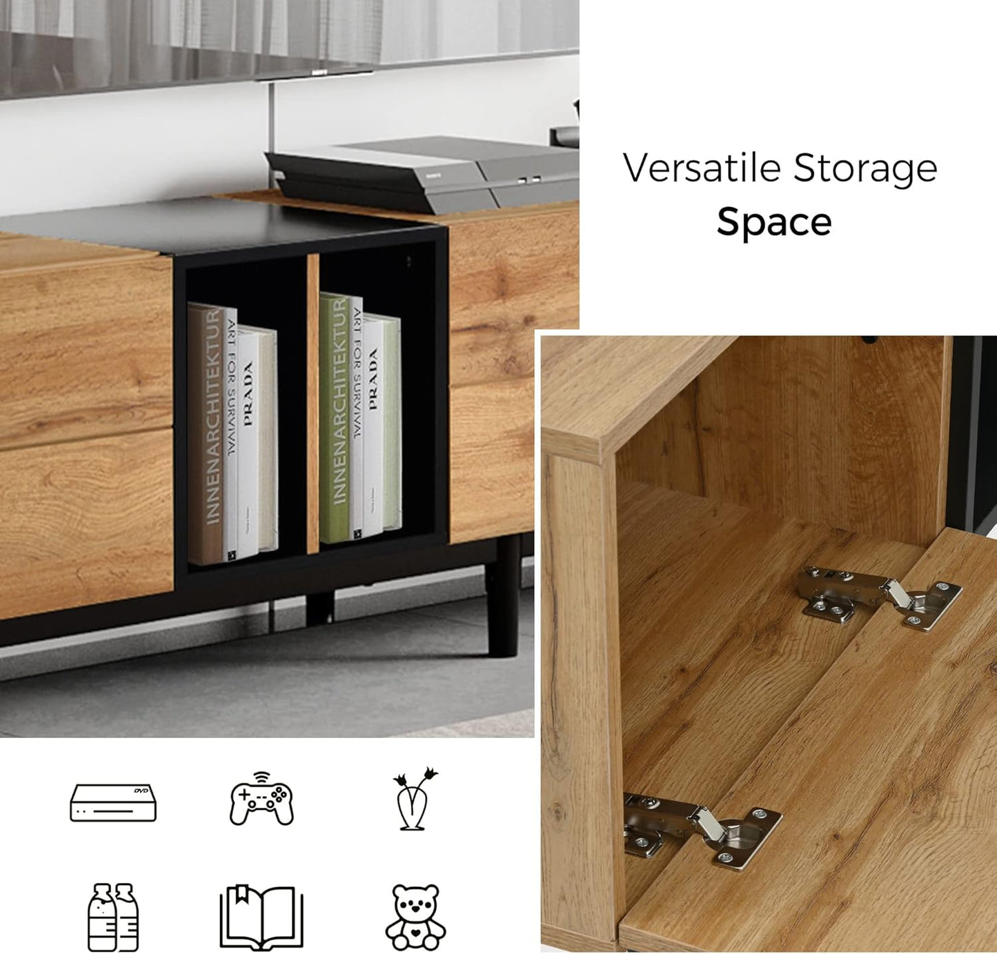 Modern TV Stand with 3 Cabinets & Open Shelves, Minimalist Wooden Entertainment Center for TVs Up to 80”, Sturdy TV Console for Living Room Bedroom Decor (Wood)