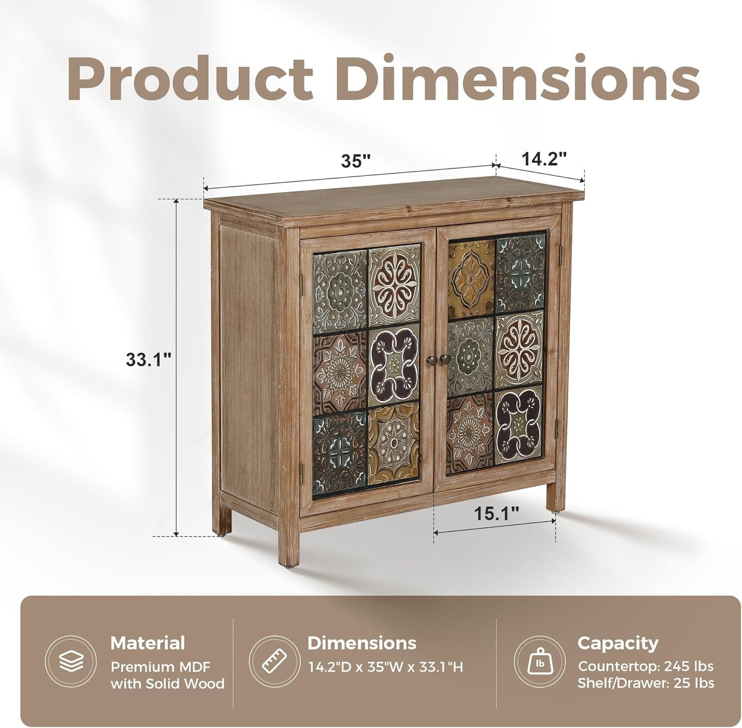 MAISON ARTS Accent Cabinet with 2 Doors and 1 Shelf, Farmhouse Boho Storage Cabinet with Solid Wood Frame, Small Buffet Sideboard for Living Room Entryway, Holds Up to 245lbs